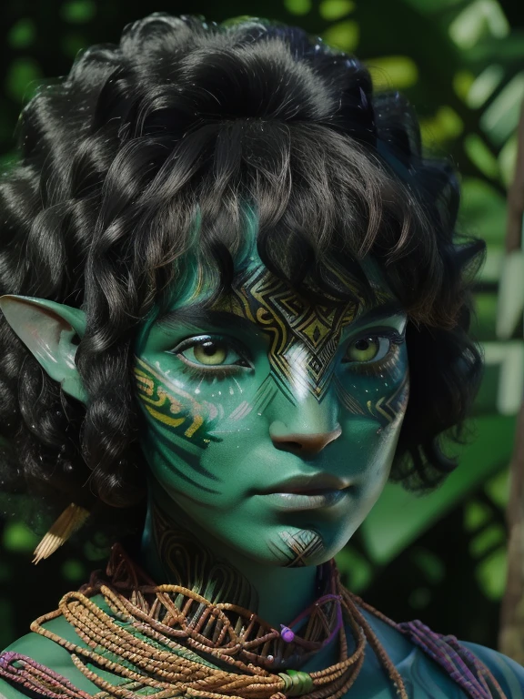 avatar style, (face portrait:1.6), naavi, 1girl, female, (silver eyes), (big eyes), ((eyebrowless)), pointy ears, (forest green skin tone:1.0), (curly hair:1.0), black hair color, ((curly afro hair with bangs)), (young adult), 18 years old, face wrinkles, wearing colorful tribal clothing, (wearing tribal acessories), detailed eyes, toned body, muscled body, vibrant colors, glowing, ethereal atmosphere, surrealistic dreamy lighting, textured skin, otherworldly beauty, mesmerizing photography, (best quality, highres), vivid colors, ultrarealistic, skin details, striped skin, sfw, face close-up:0.5, ultradetailed body, ((green skin)), ((tranzp))