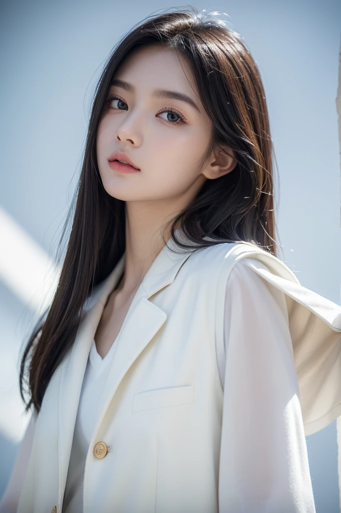 Best quality,tmasterpiece,Ultra HD,(Reality:1.4),RAW photogr,1girl,Long hair,Face Highlight,,Girl,,18 years old,18 years old微笑女同学,,Innocent,(Best picture quality,8K,masterpiece:1.3),Oval face,big eyes,Long eyelashes,Exquisite(Realistic style),Star Eyes,Ultimate face shape,Realistic lighting and shadows,Clear facial features,Milky skin,White skin,Highly detailed skin,Realistic skin details,Visible pores,(Ultra Detail),(Perfect body:1.1),Long hair白发,(Dynamic poses),((Dynamic Background((Volumetric Light:1.3)),Solid color background,White coat,White vest,jeans,Eyes look at the lens,Black eyes,