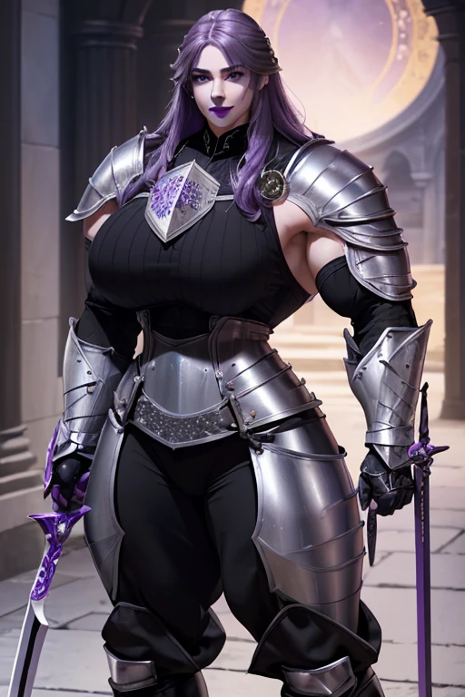 ((((Massive, tall, beautiful, buff, pale white skinned muscular female knight with violet purple hair, black lipstick, ginormous bulky muscles, holding a broadswords and wearing an all violet purple gleaming knight armor with hauberk and pants)))), (close view), black eyeliner, massive muscles, massive biceps, hyper muscle triceps, (long hair with long bangs), black eyes, knight boots, In a castle, hauberk, steel knight armor, armor breastplate, nighttime, confident smile, (hyper muscles arms), hyper muscle legs, (ginormous arms)