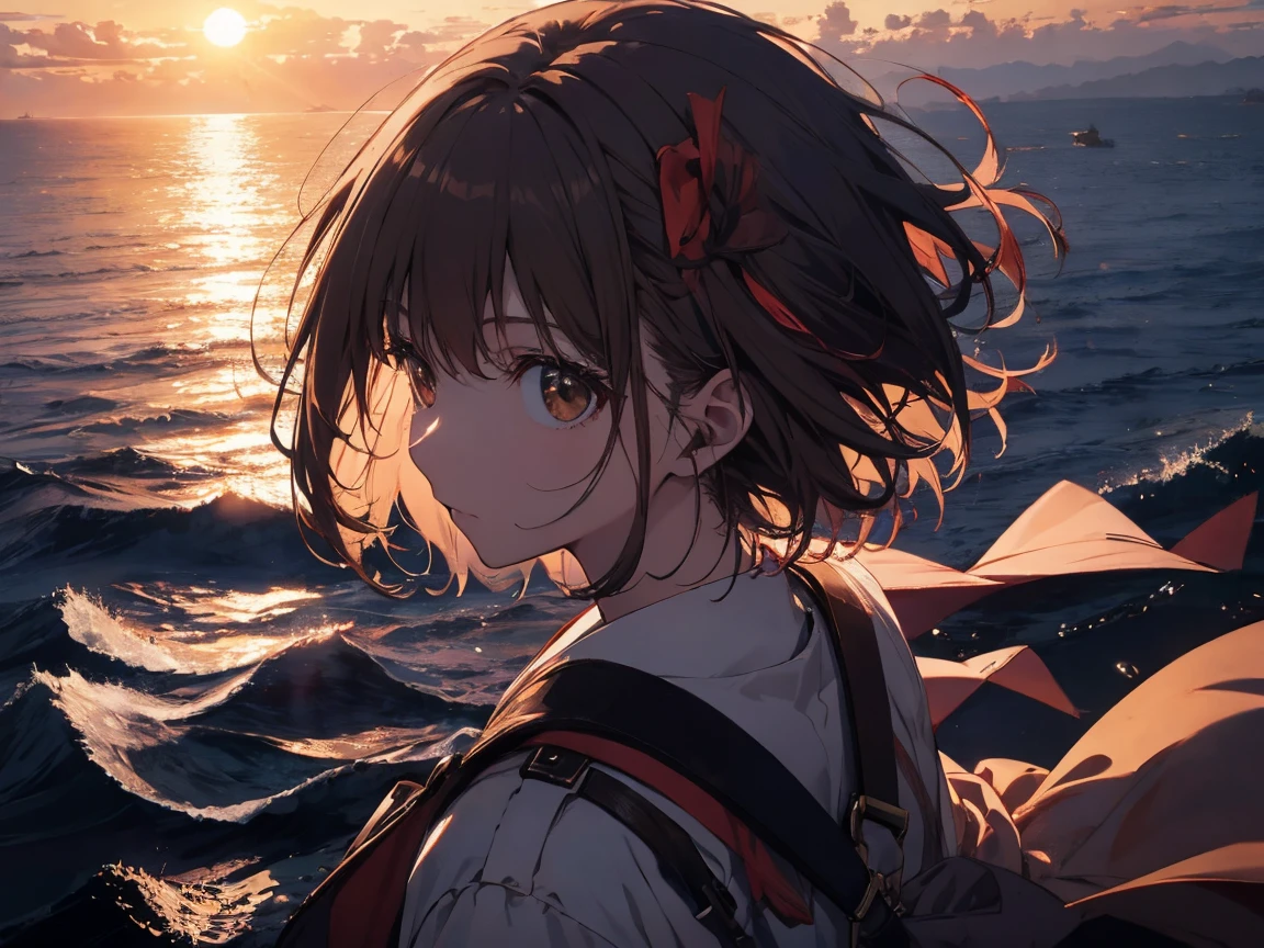 Brown Hair、Floating hair、Medium Hair、Conceptual Art、anime、Chiaroscuro、Wide Shot、From above、UHD、masterpiece、correct、highest quality、 the wind is strong, Sunset