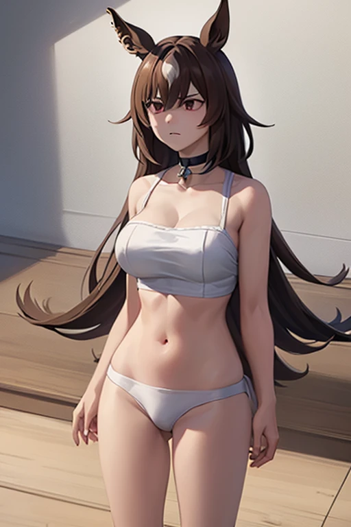1 girl,Browsing Caution,(((Large Machine-Made Choker))),(Horse Girl), hair ornaments, high,Huge breasts, clavicle,Absurd, brainwashing,Hollow Eyes, ((Expressionless,Emotional erasure)),whole body像,((stand up, Standing still)), (highest quality、4K、8k、High resolution、Must have:1.2)、Very detailed、(reality、It is realistic.、Realistic:1.37)、Ticker、Hyper HD、Studio Lighting、Ultra High Definition Paint、Sharp focus、Physically Based Rendering、Extreme Detail、Professional specifications、Vibrancy and color、Blurred、Sports portrait、landscape、Horror Style、Anime Big Tits、SF、photograph、Concept Artist、Five Fingers, Perfect body, {{{masterpiece}}}, {{{highest quality}}}, {{Very detailed}}, {shape}, {{Very delicate and beautiful}},Improved cost performance、All Roles、Canon 5D MK4でphotograph、photograph, whole body、White background、Horse ears、Expressionless、straight eyebrows、Expressionless、straight eyebrows、Expressionless、Hypnosis App、Stand still、@_@、Expressionless、brainwashing、Hypnosis、Lower your arms、Lower your arms、Lower your arms