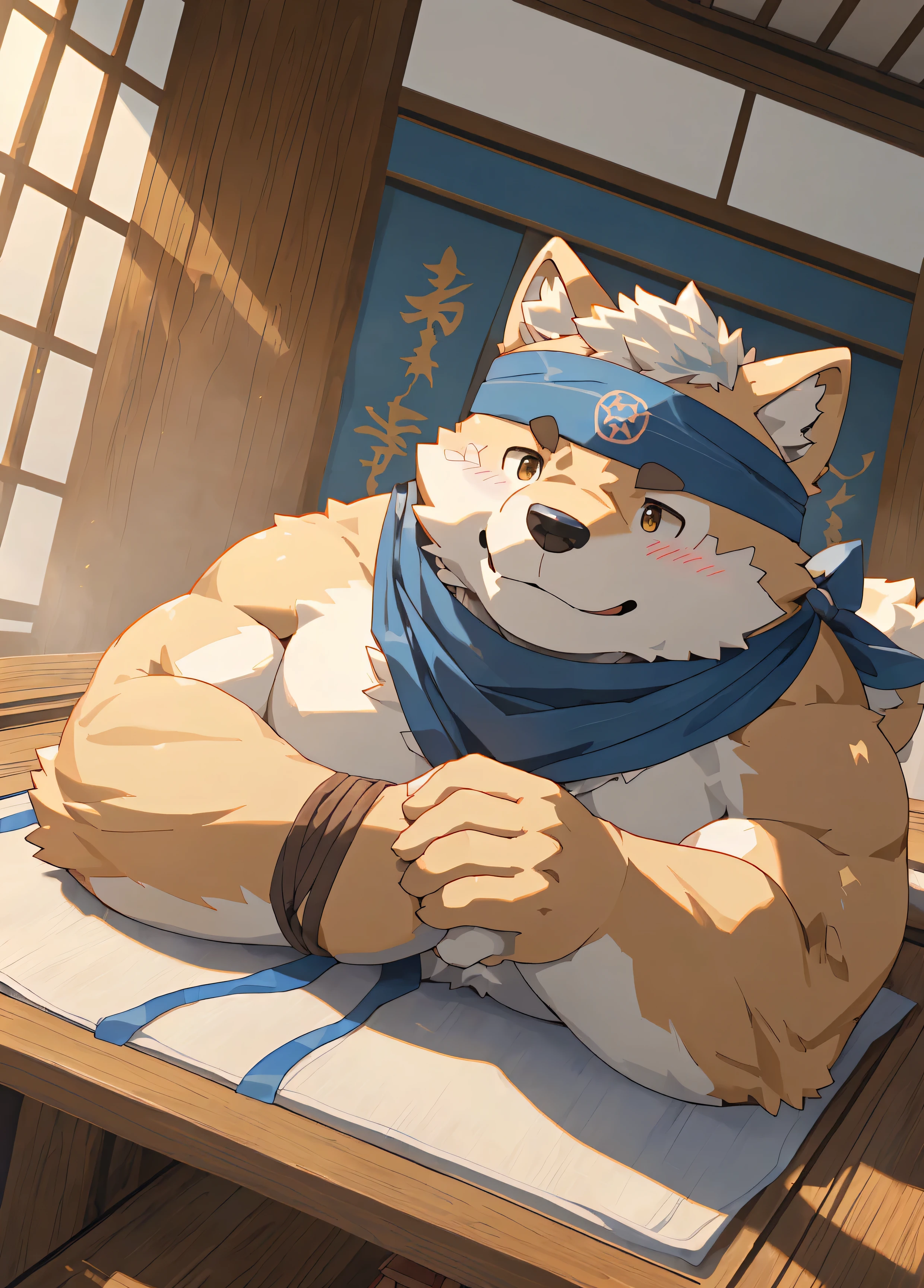 (masterpiece)，(Very detailed)，(best quality)，hairy，Shiba Inu，fur，white hair，Gray pupil，(Japan samurai attire)，((Blue scarf))，((brown headband))，(((Lying on the table)))，(((daze)))，((The manifestation of thinking))，(blush:1.1)，((charming))，Temple Background，8k，(high quality)，(Ultra HD)，(Ultra Detailed)