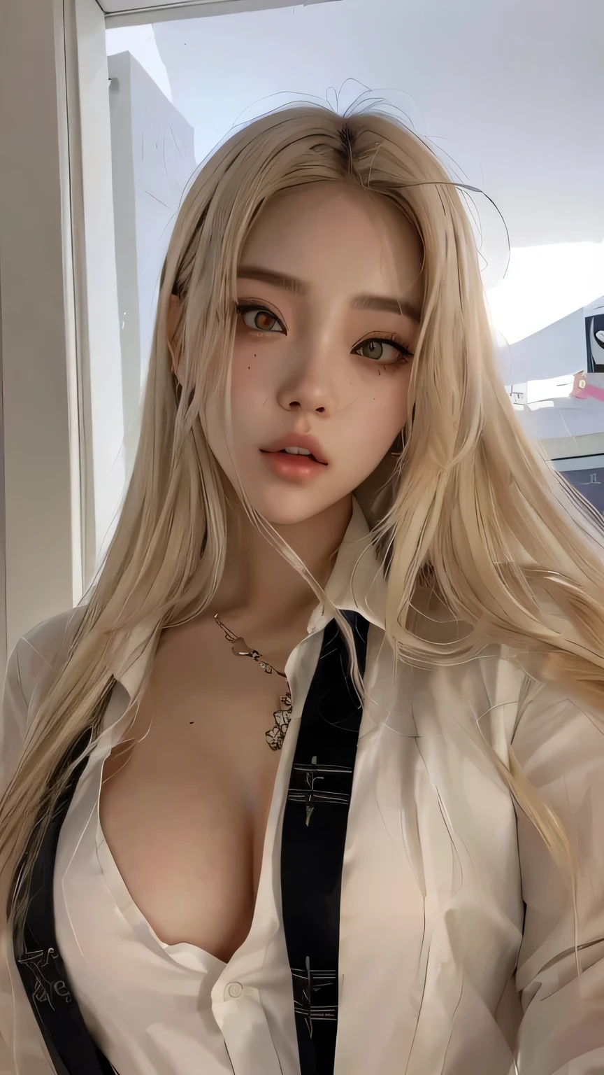 Mujer rubia con pelo largo con camisa blanca y corbata negra., obra de arte al estilo de guweiz, retrato realista kawaii, realistic art style, con pelo largo y ojos penetrantes, estilo de arte realista, estilo de arte anime realista, ahegao, cruel korean gothic girl, cara de ahegao, realistic anime art style, 🤤 girl portrait, guweiz, rasgos de la cara coreana soyeon, soyeon from (G)-idle