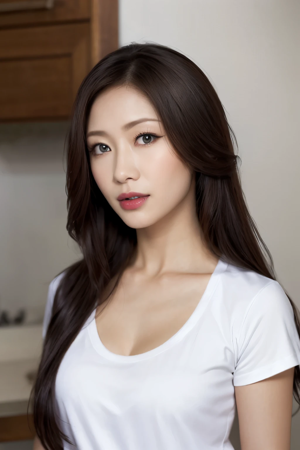 SFW, One girl, reikokobayakawa_united states of america, Long Hair, eyeliner, eye shadow, Mature Woman, (mature), mature makeup, lipstick, Medium chest, Dynamite ignition, View your viewers, indoor, Cowboy Shot, Wearing a white T-shirt, Covered clothing,
Detailed body, Attractive body, The perfect human body,
(Ultimate Quality, masterpiece, High resolution:1.0), (photoRealistic, Realistic:1.9),