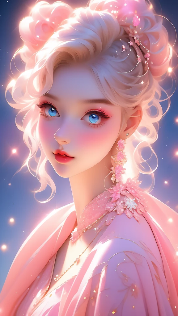 Double ponytails, blond, blue eyes, Perfect lips , Confident smile,Sexy expressions, Cute face, Stunning details,Pink clothes, Random pose, Extremely detailed face, Long eyelashes, Sharp eyes , full-body shot, Dynamic Viewer, Night Sky , dynamic view, Different perspectives,Large Breasts,Cleavage,pendant, Curvy body