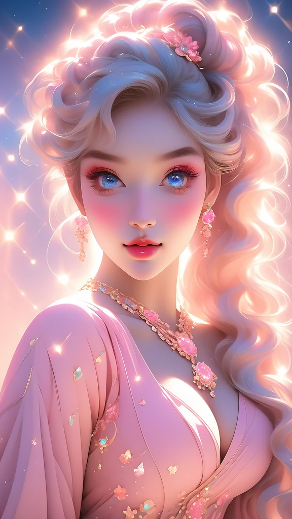Double ponytails, blond, blue eyes, Perfect lips , Confident smile,Sexy expressions, Cute face, Stunning details,Pink clothes, Random pose, Extremely detailed face, Long eyelashes, Sharp eyes , full-body shot, Dynamic Viewer, Night Sky , dynamic view, Different perspectives,Large Breasts,Cleavage,pendant, Curvy body