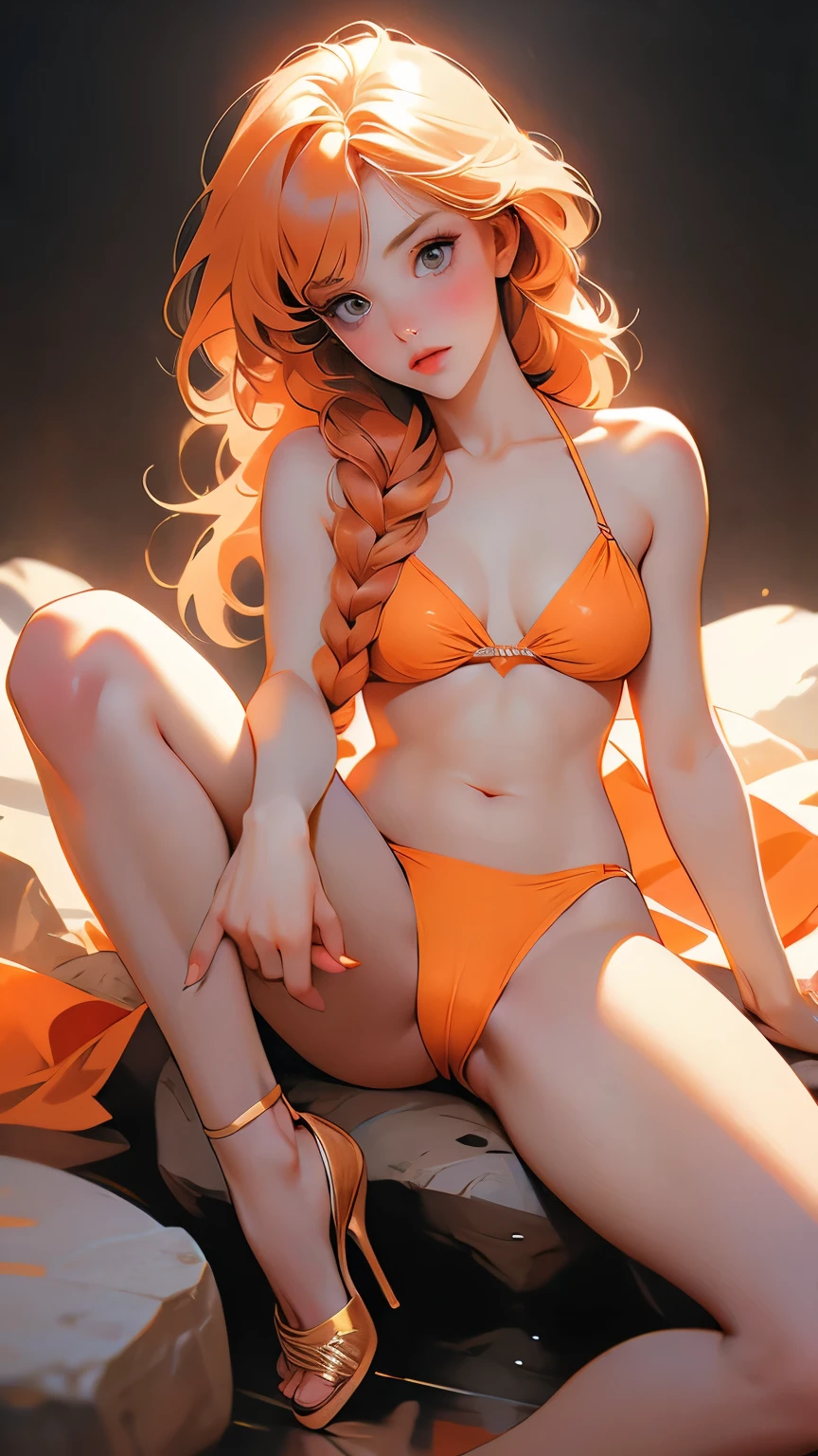 マーゴット・ロビーの顔をしたNaked Women, dancing,Wearing an orange bikini,highest quality, Very detailed, 1 girl,Redhead, Long braided hair, Golden Eyes, bangs, Naked Women,Very small pointy breasts, White bikini swimsuit, Looks lewd,, (bad: 1.2),Exposing breasts, Looking at the audience,Spread your legs, (Face to face: 1.3), (Dark Background, rock: 1.3), Full Shot, Crisp contrast, Beautiful fine details,,White panties,High heels,,,I can see your underwear,