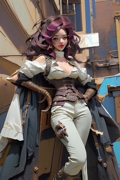 Mulher bonita com roupas steampunk com armas apontada e sorrindo anime