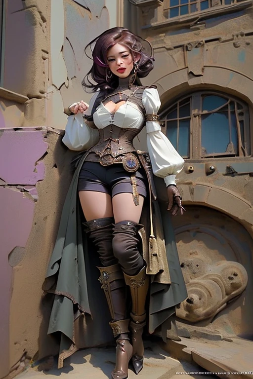 Mulher bonita com roupas steampunk com armas apontada e sorrindo anime