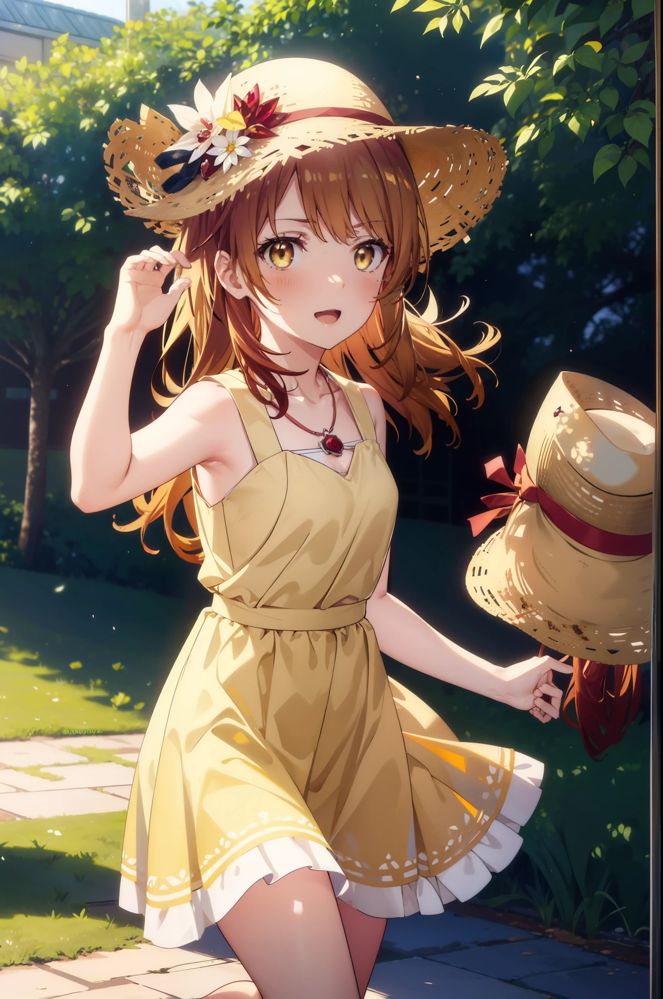 irohaisshiki, Isshiki Iroha, Long Hair, Brown Hair, (Brown ruby eyes:1.5), Sleeveless yellow dress,Yellow long skirt,Bare neck,Locket Necklace,Cute Sandals,Straw hat,happy smile, smile, Open your mouth,Daytime,Clear skies,True Summer,whole bodyがイラストに入るように,Walking,
break outdoors ,garden,crowd, people々々,
break looking at viewer,whole body,
break (masterpiece:1.2), highest quality, High resolution, unity 8k wallpaper, (shape:0.8), (Beautiful and detailed:1.6), Highly detailed face, Perfect lighting, Highly detailed CG, (Perfect hands, Perfect Anatomy),