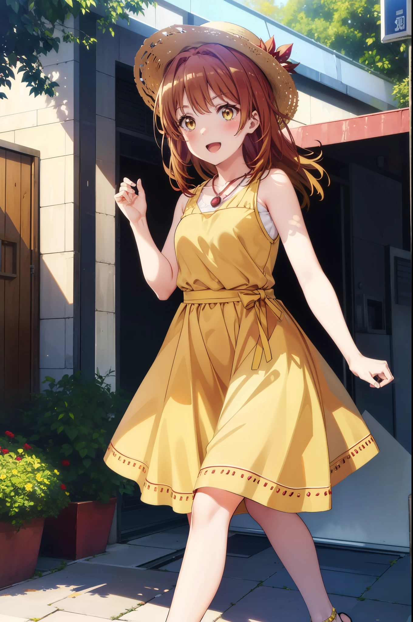 irohaisshiki, Isshiki Iroha, Long Hair, Brown Hair, (Brown ruby eyes:1.5), Sleeveless yellow dress,Yellow long skirt,Bare neck,Locket Necklace,Cute Sandals,Straw hat,happy smile, smile, Open your mouth,Daytime,Clear skies,True Summer,whole bodyがイラストに入るように,Walking,
break outdoors ,garden,crowd, people々々,
break looking at viewer,whole body,
break (masterpiece:1.2), highest quality, High resolution, unity 8k wallpaper, (shape:0.8), (Beautiful and detailed:1.6), Highly detailed face, Perfect lighting, Highly detailed CG, (Perfect hands, Perfect Anatomy),