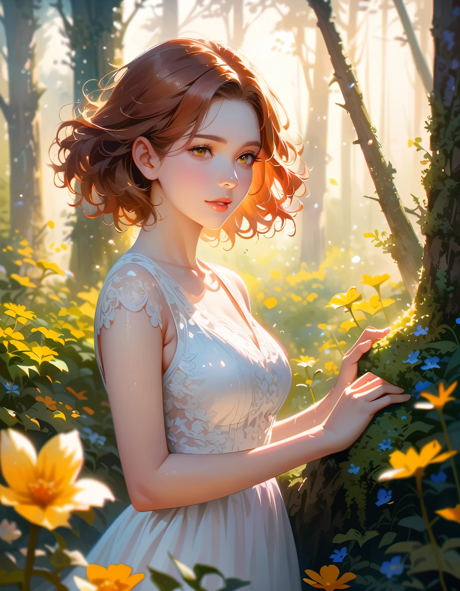 Lovely woman under drizzle, (elegant, Pretty Face), Transparent white dress, Forest Moss, (freckle:0.8), Flower field, , Red curly hair, magical atmosphere, (short hair), ((Delicate skin, Texture)), Ultra Detailed, (Complex details, Fine details, Ultra Detailed), Ray Tracing, Subsurface scattering, (Fantasy underworld background), Diffuse soft light, Shallow and deep, go through (Oliver Waite), Clear focus bokeh, (Realistic photo quality:1.4)