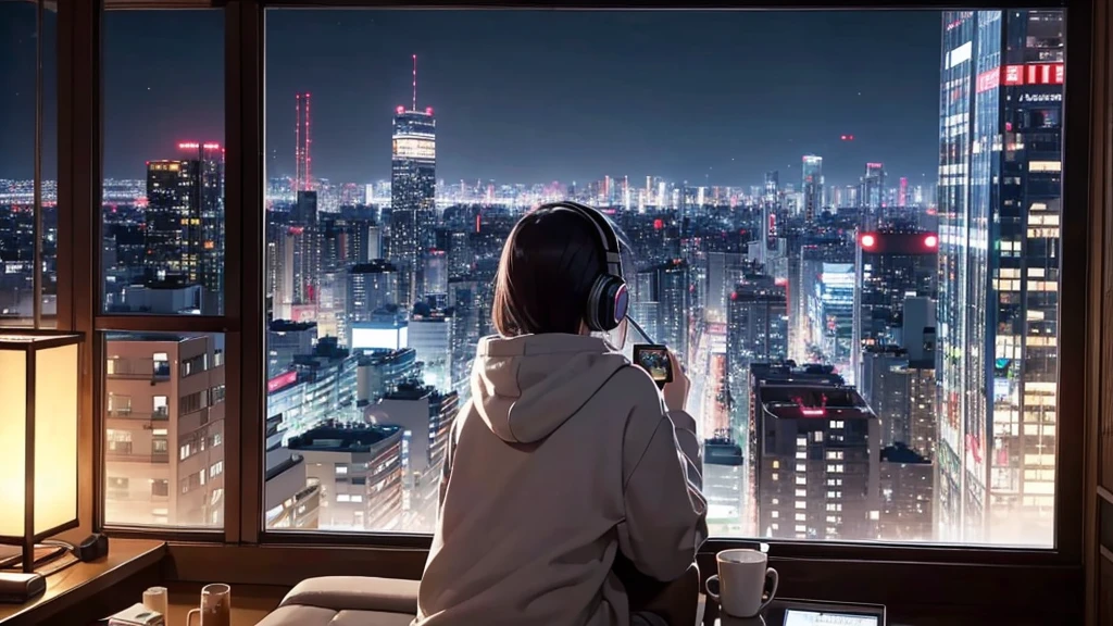 masterpiece。high quality。High definition。8k。4k。quiet night、Sitting on the sofa in my room listening to jazz with headphones、A woman with bob hair wearing a hoodie concentrating on working on a laptop with a cup of coffee in hand。Outside the window, the nighttime cityscape of a Japanese city spreads out.。In the upper right「LO-FI」Described as。