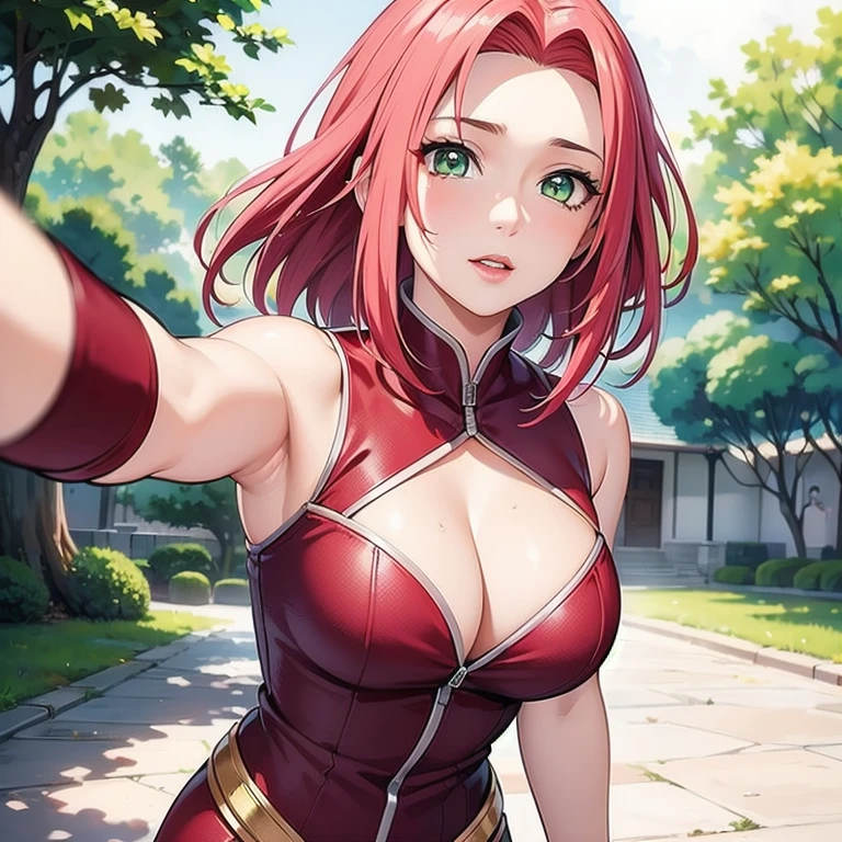 (realistic,solo,1woman,sakura-haruno,age-30:2,good-looking-figure,noble-woman) (dark-skin:1,5) strongly-blushing,perfect-lips,wild-fluffy-haircut,fiery-hair,amazing-eyes,highly-detailed-eyes,matching-eyes,green-eyes) seductive-look,sensual-look,natural-look,random-pose,seducing-you) (wearing-healing-outfit) (upper-body) (healing-theme) (zoomed-in-camera) (ground-up-pov) (focus-on-face)
