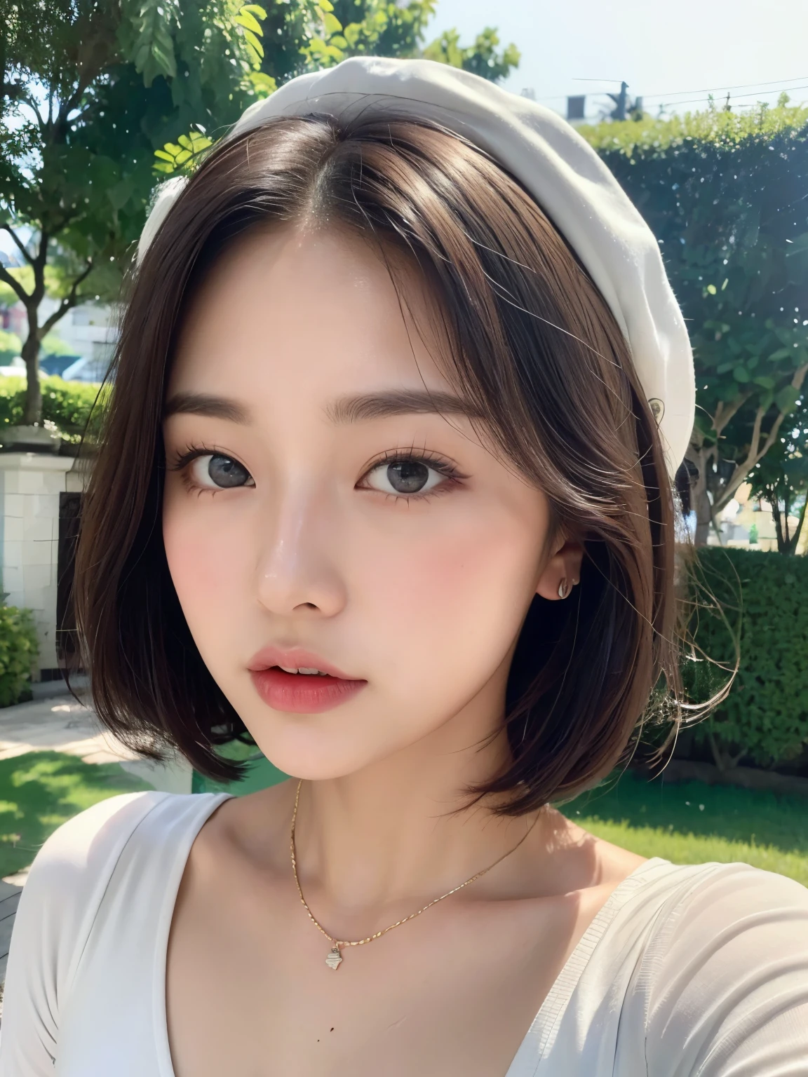 （（highest quality，8k，masterpiece：1.3）），（Flower Cap：1.3），one person、Perfect beauty：1.4，Hips：1.2，（Layered Hairstyles：1.2）），（street：1.3），Highly detailed face and skin texture，Whole Body Ezbian，Delicate eyes，double eyelid，Whitening the skin，Short Wavy Hair，Cute Korean Beauty（With a round face：1.5），（loose tops，Shorts：1.6）