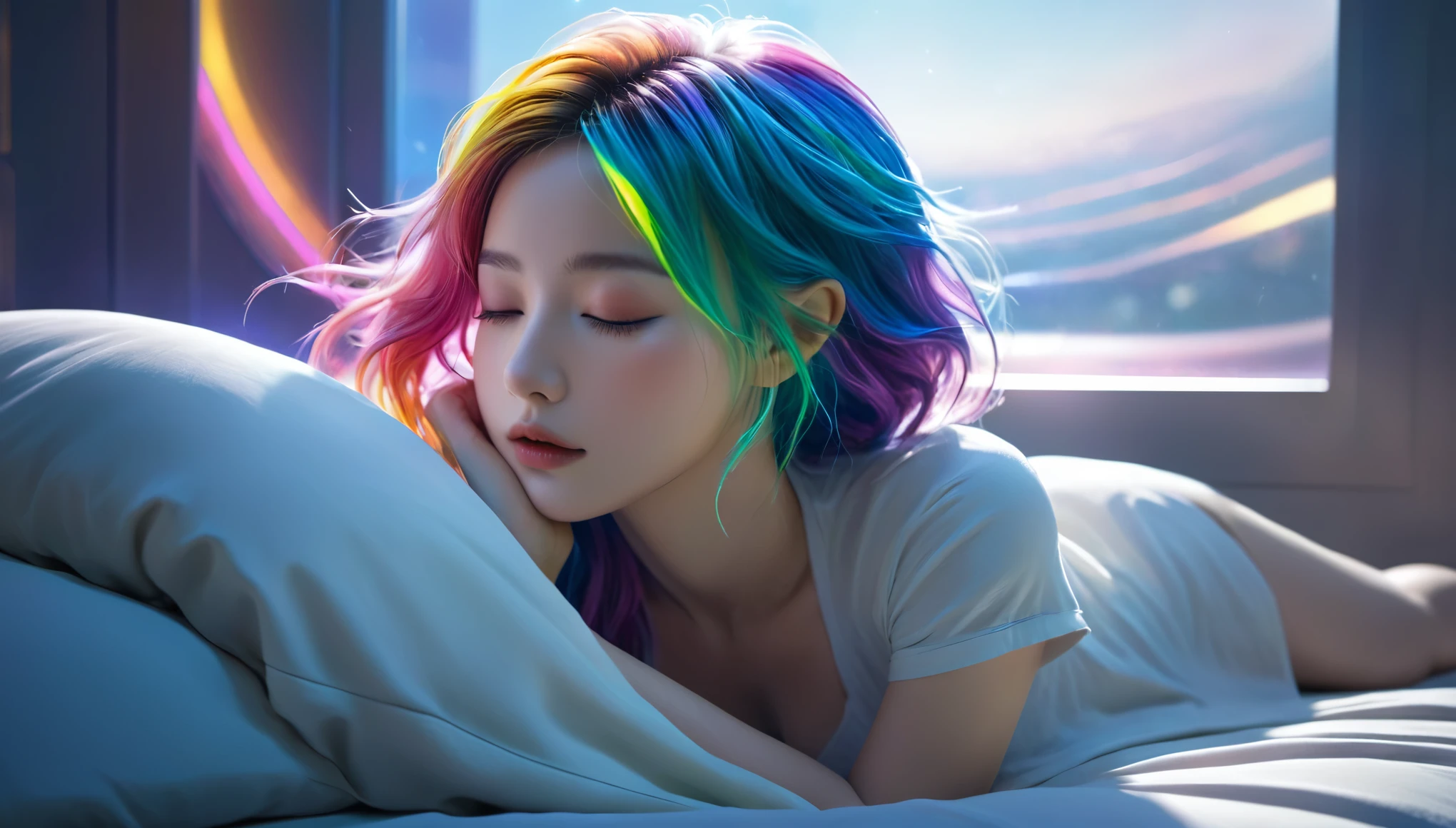 (best quality,8k,ultra-detailed:1.2),(CG,CG art,3D rendering),(masterpiece:1.2),（Crawling on the table），（Sexy clothing），(movie lighting,futuristic),(woman lying in bed,sleeping,closed eyes),(large window behind her,tranquil night),(colorful hair:1.5)