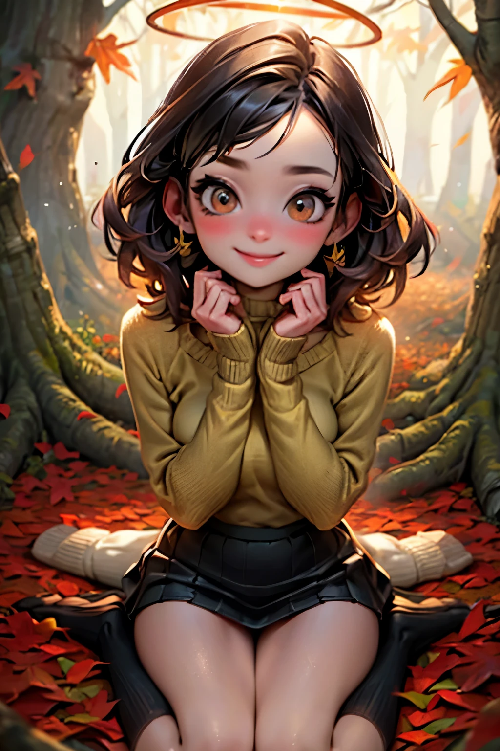 A forest covered with many fallen autumn leaves, a thin round-necked knit and a mini-wrapped skirt, knee socks, movement as if looking up to the sky, look at the photographer, 24K, high image quality, high definition, a beautiful face like an angel, Warm expression, happiness overflowing on the face, halo shining through the trees, warm color description, 18 year old girl