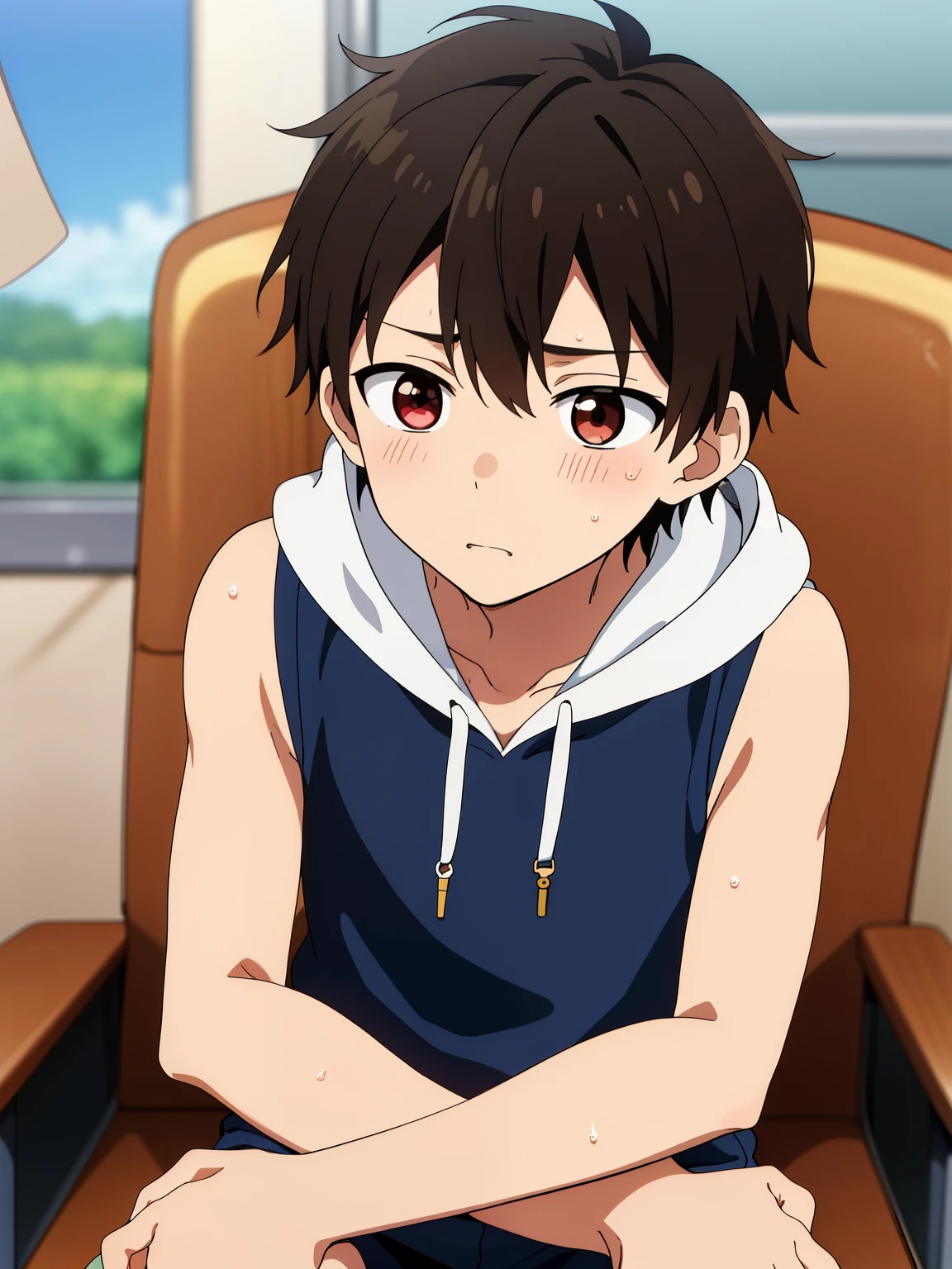 Highres, Masterpiece, Best quality at best,Best Quality,hight quality, hight detailed, 1boy, Boy,Fluffy hair, Side bangs, Shota, Sweat, Sleeveless hoodie, Choker, Collarbone, Depth of field, Anime screencap style, Sitting on the chair, Seen from the front, Little sweat, Cute boy, Showimg armpit (very small and short stature), (very young boy), 12-year-old boys, Blurry and simple beckground, bokeh, Uhd