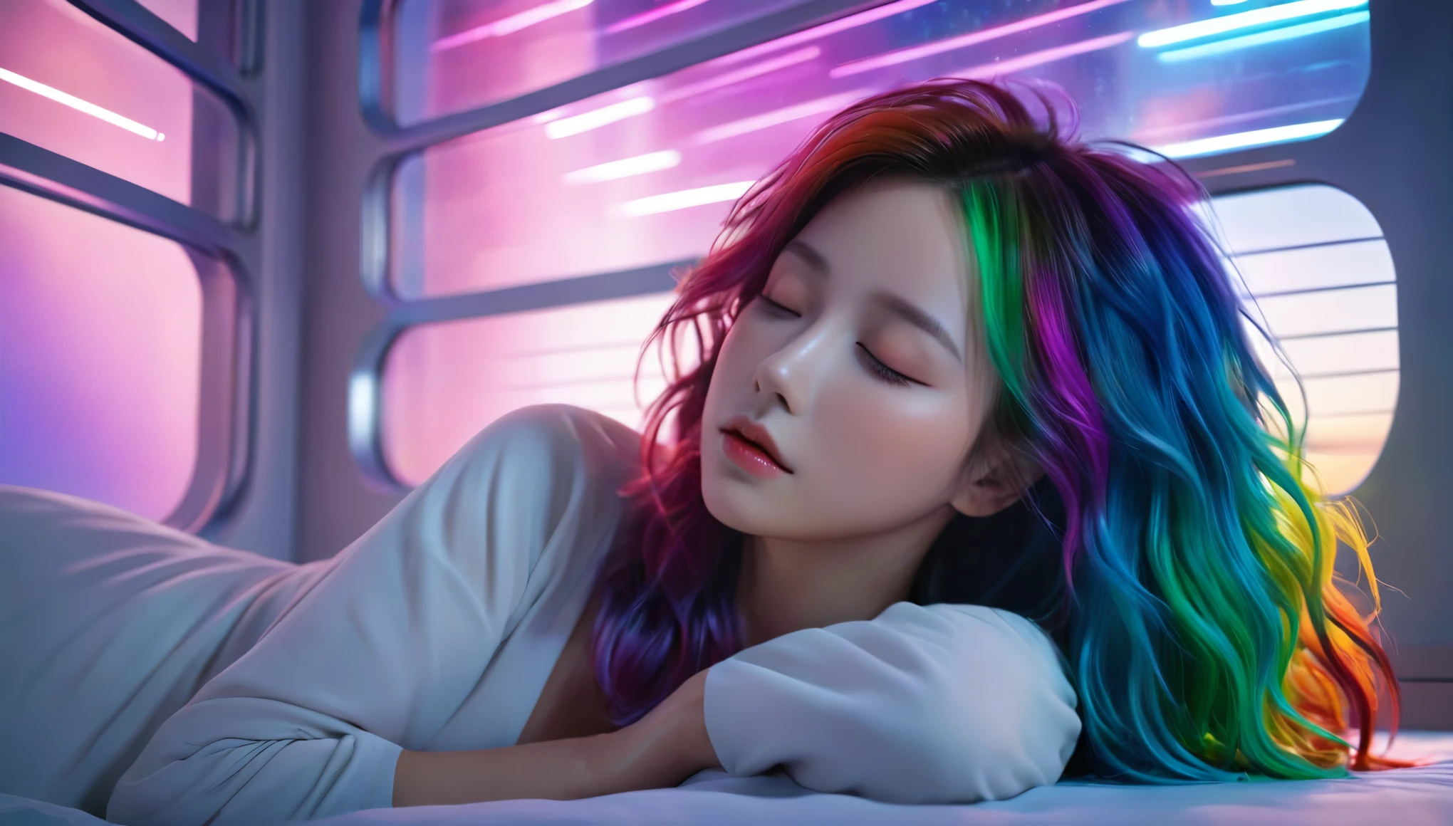 (best quality,8k,ultra-detailed:1.2),(CG,CG art,3D rendering),(masterpiece:1.2),(Crawling on the table),(Sexy clothing),(movie lighting,futuristic),(woman lying in bed,sleeping,closed eyes),(large window behind her,tranquil night),(colorful hair:1.5)