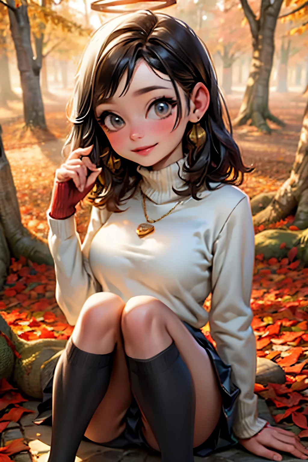 A forest covered with many fallen autumn leaves, a thin round-necked knit and a mini-wrapped skirt, knee socks, movement as if looking up to the sky, look at the photographer, 24K, high image quality, high definition, a beautiful face like an angel, Warm expression, happiness overflowing on the face, halo shining through the trees, warm color description, 18 year old girl