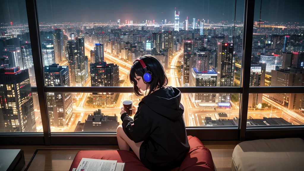 masterpiece。high quality。High definition。8k。4k。quiet night、Sitting on the sofa in my room listening to jazz with headphones、A woman with bob hair wearing a hoodie concentrating on working on a laptop with a cup of coffee in hand。Outside the window, the nighttime Tokyo cityscape spreads out.。In the upper right「LO-FI」Described as。