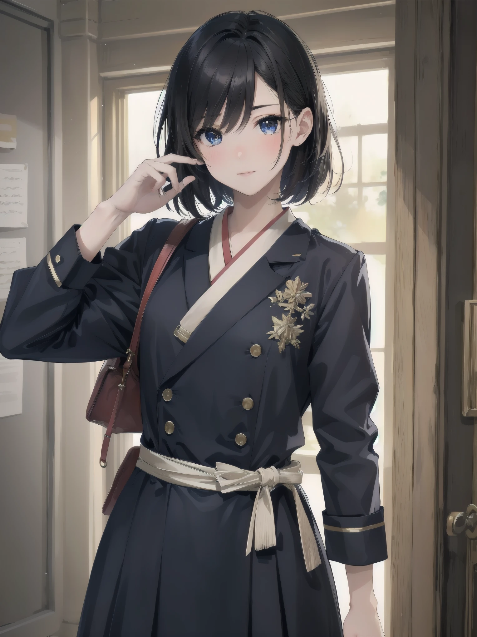  (((( top quality, masterpiece )))), ultra-detailed illustrations, realistic skin texture, depth of detail and overwhelming amount of writing,
BREAK. 
One girl, solo, ta, only daughter of a marquise, Japanese, complex, detailed and realistic face, super beautiful, super model body,
BREAK. 
Black hair, one-length bob cut in front, braided, hair between eyes, perfect and complex eyes,
BREAK. 
Luxury goods brand uniform, lovely, intricate and stylish uniform,
BREAK. 
Kawaii, blush, downcast expression, burst of laughter, looking at you with luminous eyes, captivating with mocking gestures,
BREAK. 
Backgrounds in various places and scenes, diverse crowd, overwhelming amount of writing, cute girls of uneven ages,
BREAK. 
Film scene, model shoot, professional light source, bold model