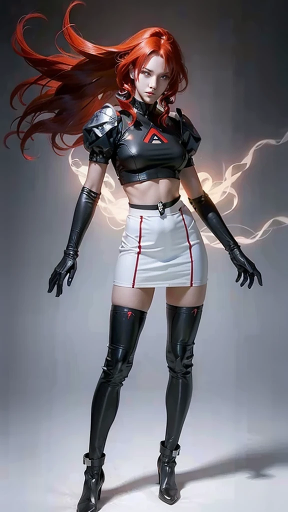 team rocket,team rocket uniform, red letter R, white skirt,white crop top,black thigh-highs, black elbow gloves,