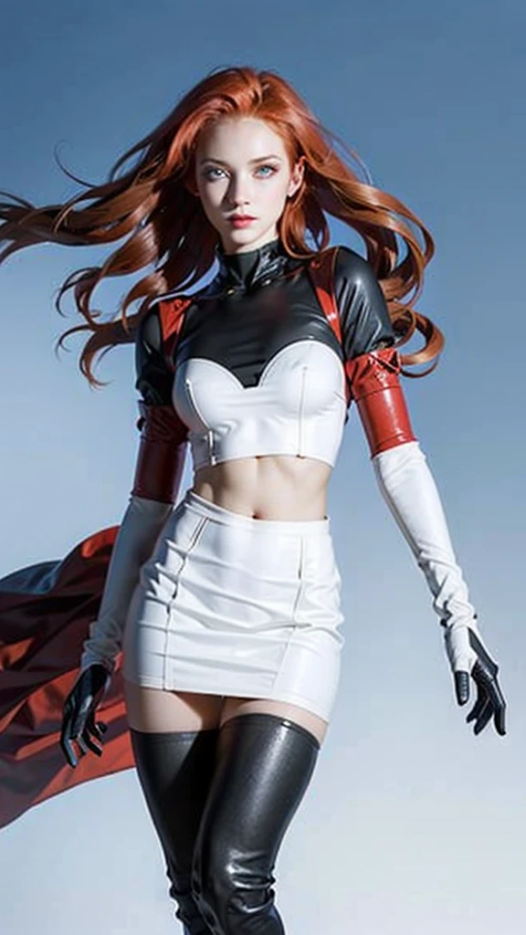 team rocket,team rocket uniform, red letter R, white skirt,white crop top,black thigh-highs, black elbow gloves,