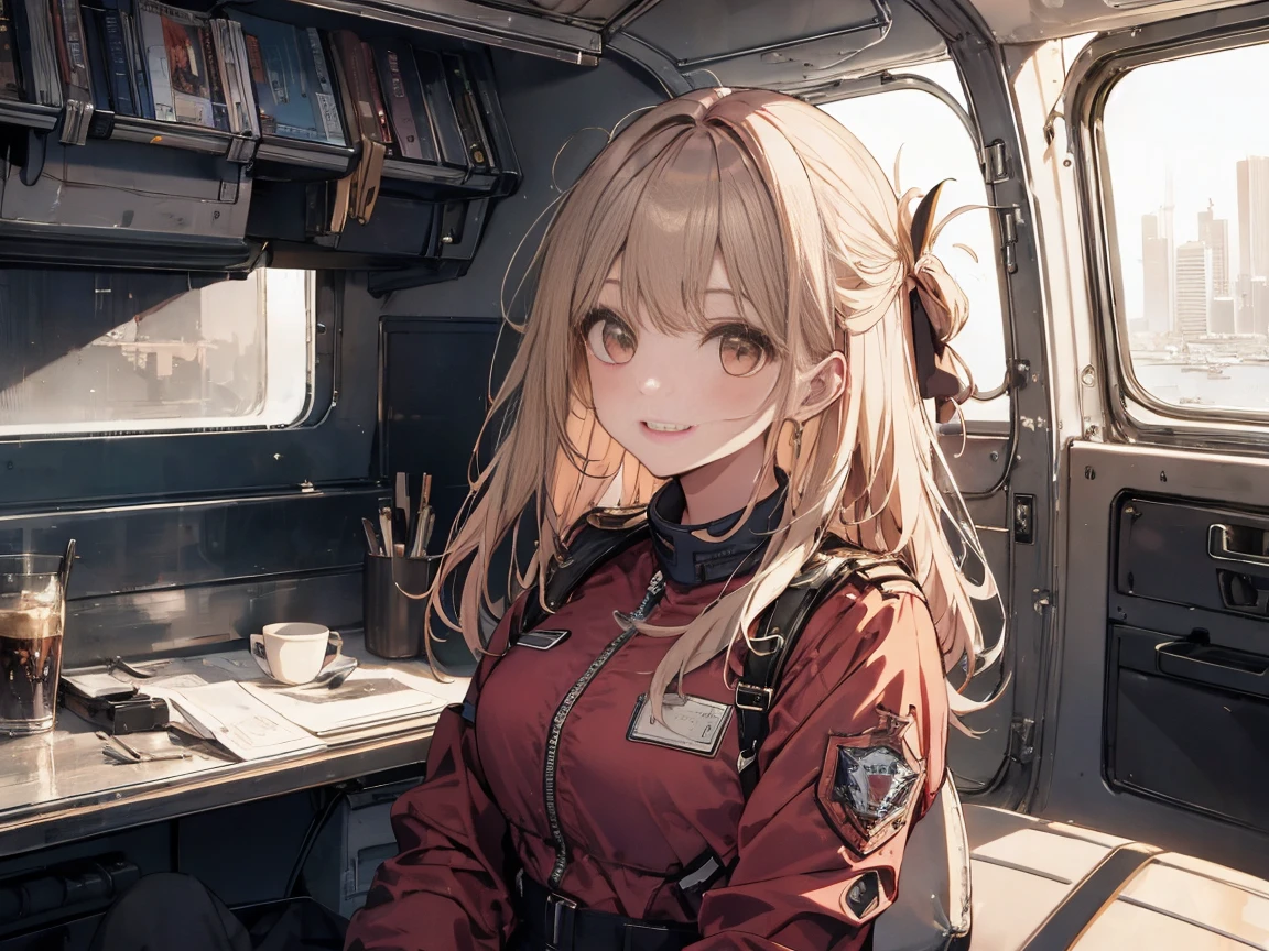 masterpiece, highest quality, High resolution, One Girl,1930s、Biplane on background、Pilot Suit、 alone, Girl with bangs、young woman、18-year-old、Long Hair、smile