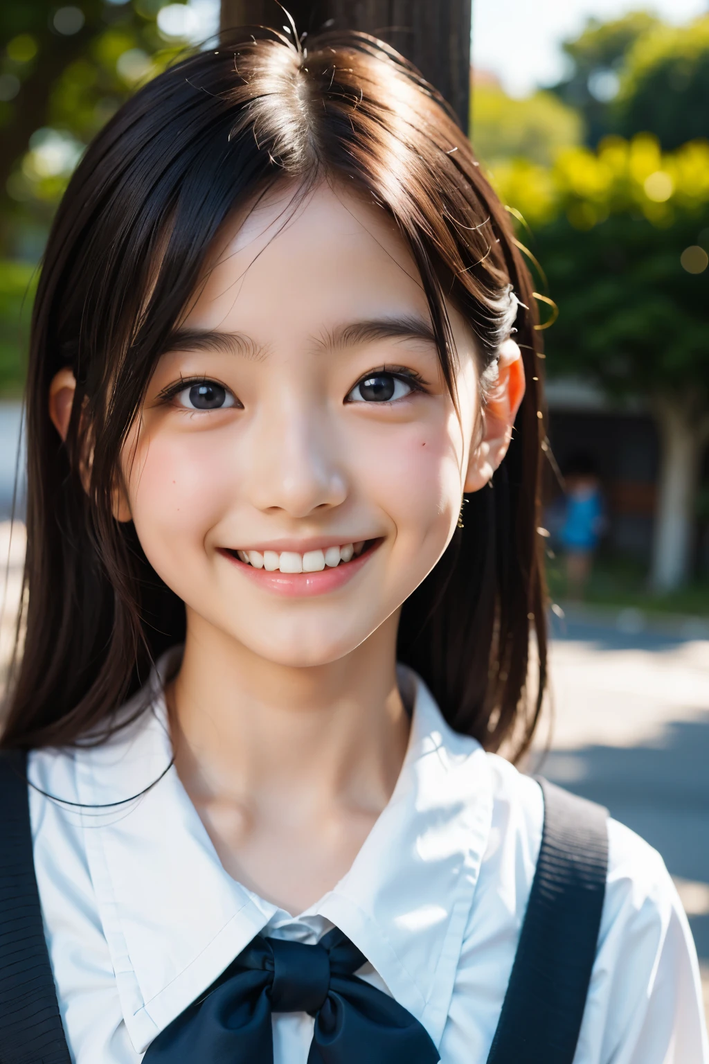 lens: 135mm f1.8, (highest quality),(RAW Photos), (Tabletop:1.1), (Beautiful Japanese girl), Cute face, (Deeply chiseled face:0.7), (freckles:0.4), dappled sunlight, Dramatic lighting, (Japanese School Uniform), (On campus), shy, (Close-up shot:1.2), (smile),, (Sparkling eyes)、(sunlight)