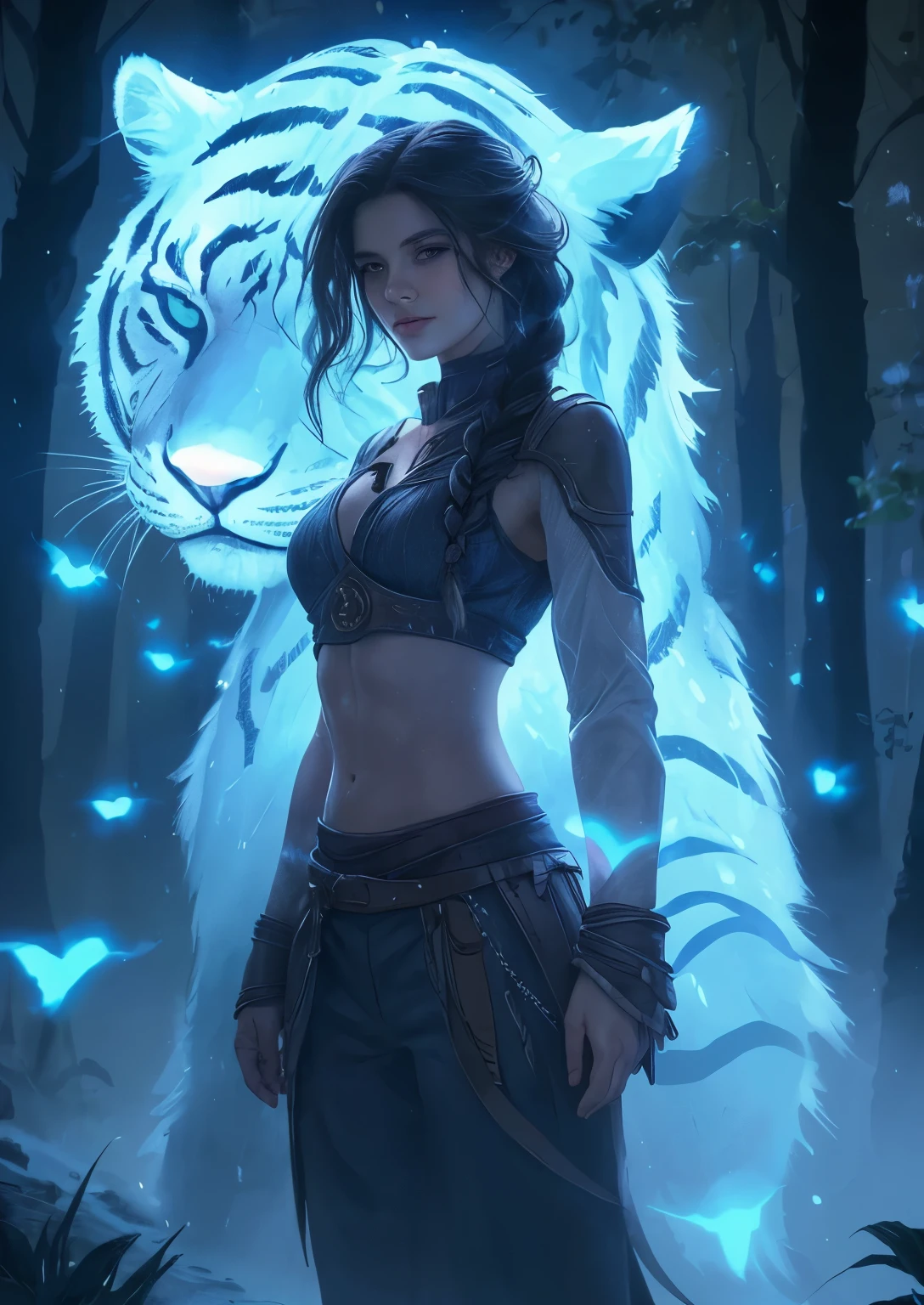 ((mejor calidad, 8k, Obra maestra :1.3)), Todo el cuerpo, Sharp focus :1.2, Photo realistic with intricate details. masterpiece. a woman with blue, braided hair, blue eyes. He has a white tiger in spirit animal form by his side. in a forest, warrior woman. beautiful girl in Demon Slayer art, realistic tribal girl, epic fantasy style, ((with glowing lights in background)), epic style.