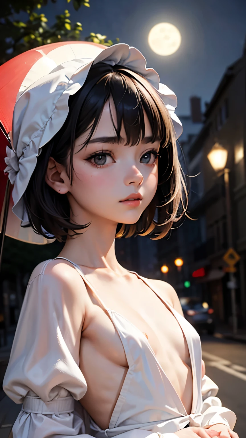 (Half Body Shot,Street lamp,moon),masterpiece, One girl, Solo Exhibitions, Beautiful woman with small breasts, nightのビーチ, Beautiful Goddess Girl Portrait, Beautiful and elaborate face, Porcelain-like skin, (((Bust Shot, center, night, Black Hair, short hair)), Very soft lighting, Full Shot,Symmetric, complicated, grace, Attention to detail, realism, art, concept art,White clothes