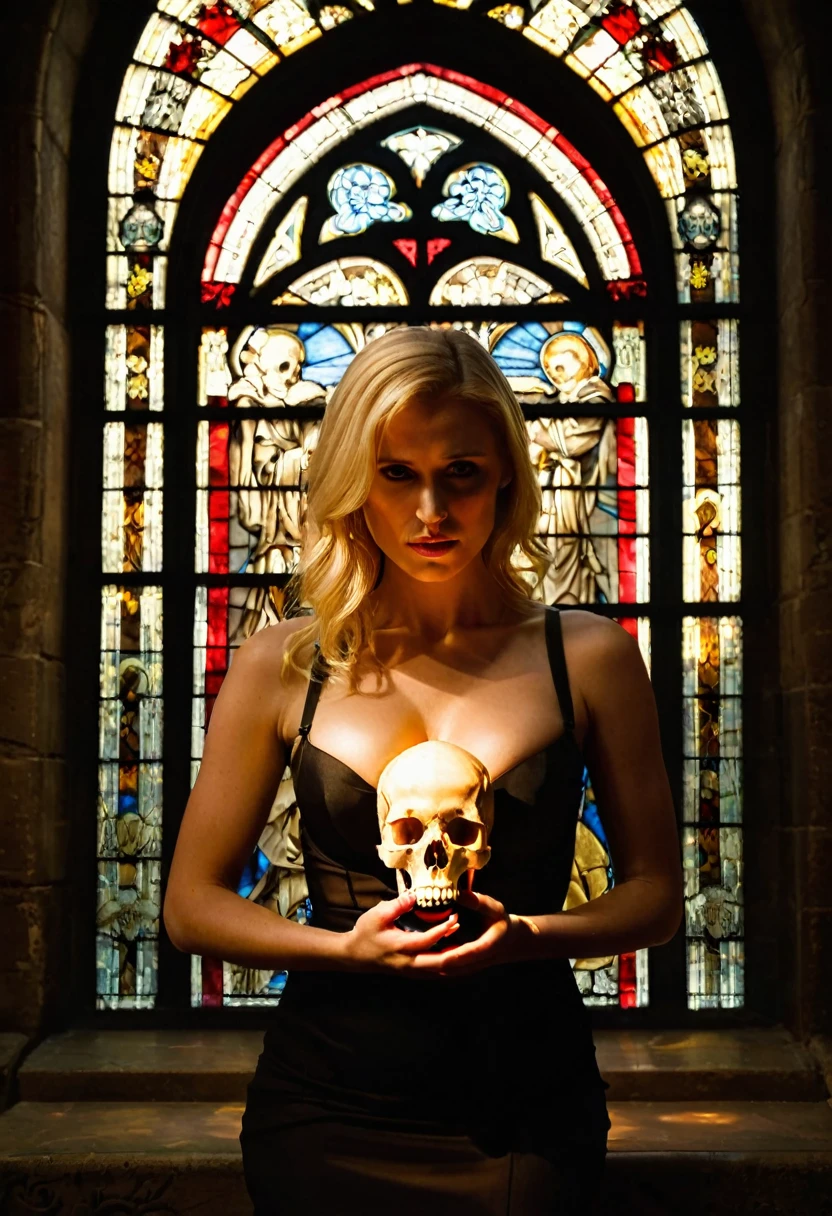Cathedral Confession:
Subject: A blonde 36dd bra size woman (22) in a simple black dress, kneels in a dimly lit cathedral. A single shaft of sunlight illuminates her face as she holds a skull towards a stained glass window depicting a saint.
Technical: High-resolution camera (e.g., Phase One XF IQ4 150mm), wide-angle lens (e.g., 24mm), low light setting with dramatic lighting from the stained glass window, focus on the woman and the skull.