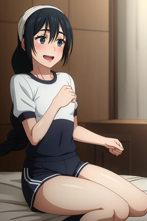 ((highest quality)), ((masterpiece)), (be familiar with), Perfect Face, indoor, Bedroom, Watching the audience,
One woman, Riko Amano,
Open Mouth, Ecstatic expression, blush, smile,
Small breasts, Flat Chest, Young Girl, , , Girl,
Long Hair, Braid,
Gym suit, White short sleeves, Black shorts, Leg spread,