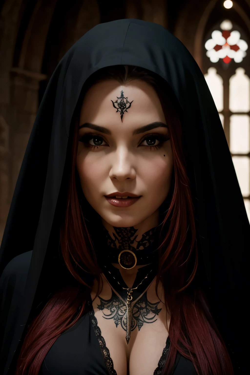 woman vampire de 25 anos, full face tattoo {tribal red colored}, big tits, wearing black cleric cloak and black cleric tunic with a sensual cleavage, no meio de um castelo, luz focada no rosto, postura dominadora, close up