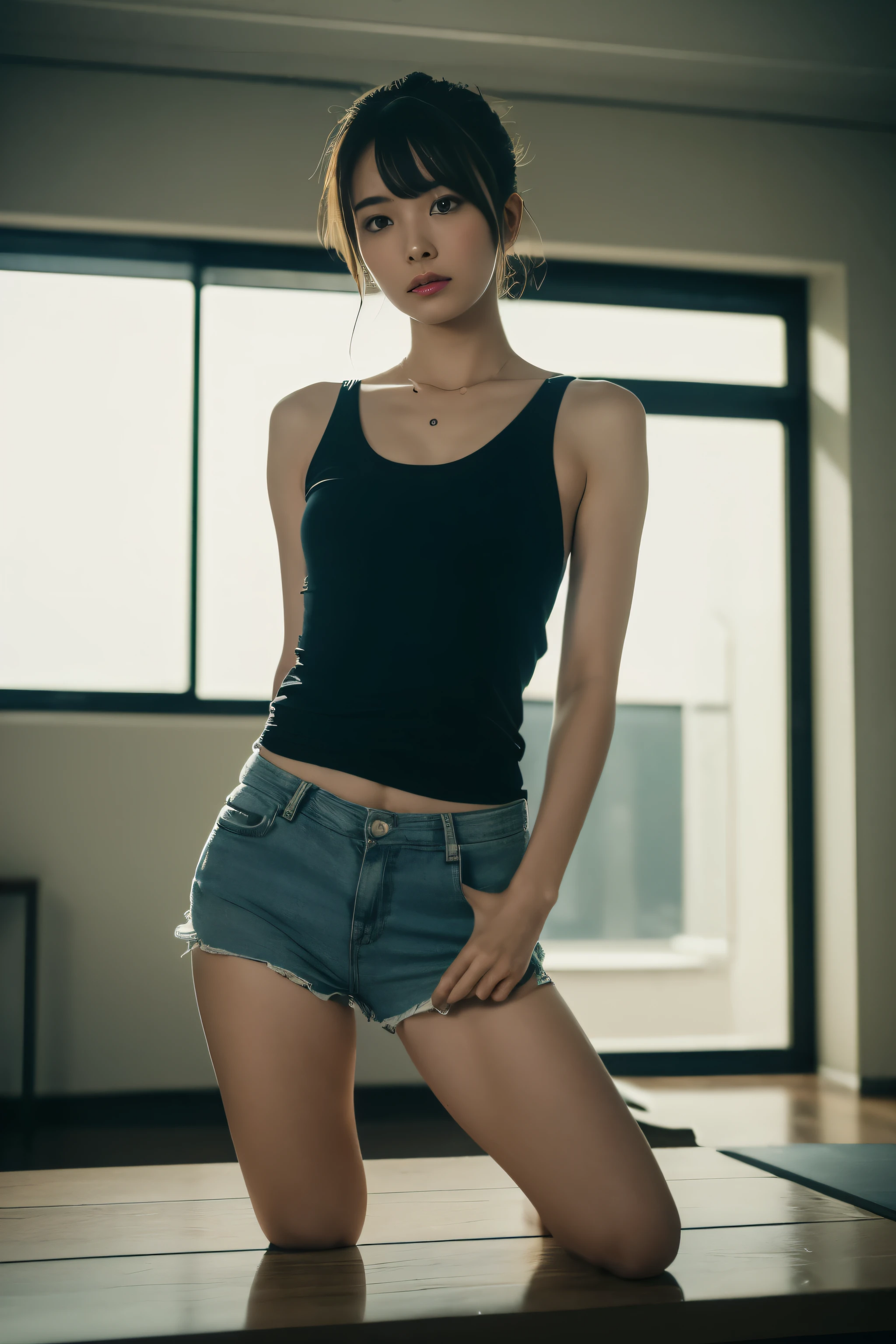 (highest quality, 8k, 32k, Tabletop, Hmph:1.2), One Woman(1. Slender Japanese women, 28 years old, Tall gravure model), Dark brown short hair, ((Put your hair up)), Bright foreground, Professional Lighting, Photon Mapping, Radio City, shading:1.3, (Skin with attention to detail:1.2),(Shorts, Exposed shoulders:1.1), Random Pause, ((Provocative dynamic pose)), (She's wet), View from above:1.5,Highly detailed face, Detailed lips, Beautiful Eyes, double eyelid, inside stadium, Looking at the camera, (Sensual look of the photographer, slightly open your lips), sunny、Confetti falling, smile,