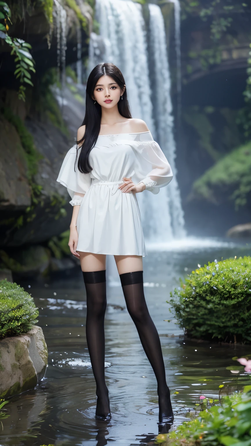 Ultra-fine details，Peerless Beauty，20-year-old beautiful princess，individual，standing posture ，Long eyelashes，Big watery eyes，long leg，black stockings，Perfect face shape，Perfect and exquisite facial features，Glossy lipstick，Straight black long hair，Smooth and delicate skin，Hydrated and radiant skin，full-body，full body