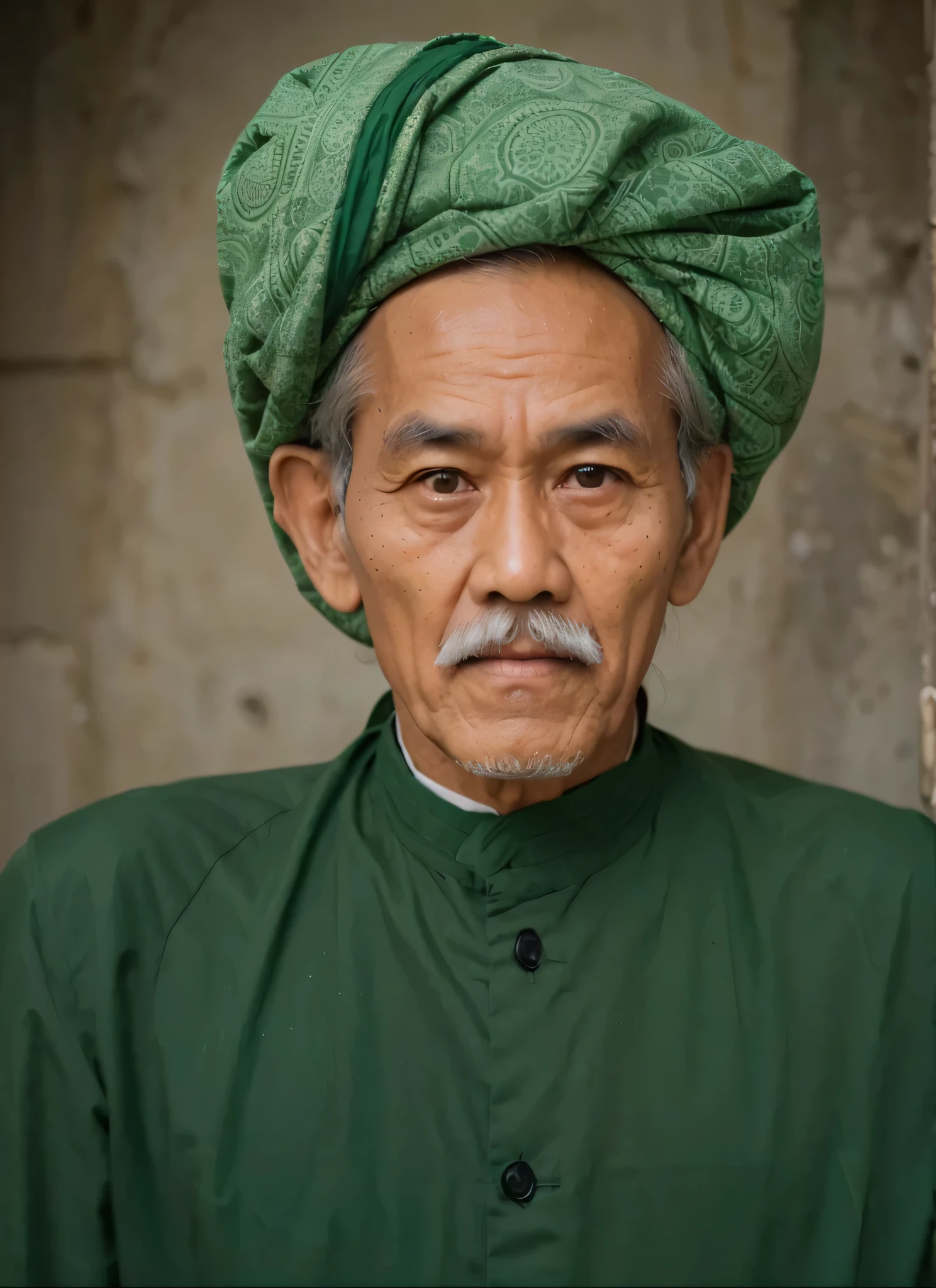 old Indonesian man with a white mustache. wearing a turban and a nice dark green ancient Muslim dress, obviously. ultra realistic, detailed facial skin.8k
