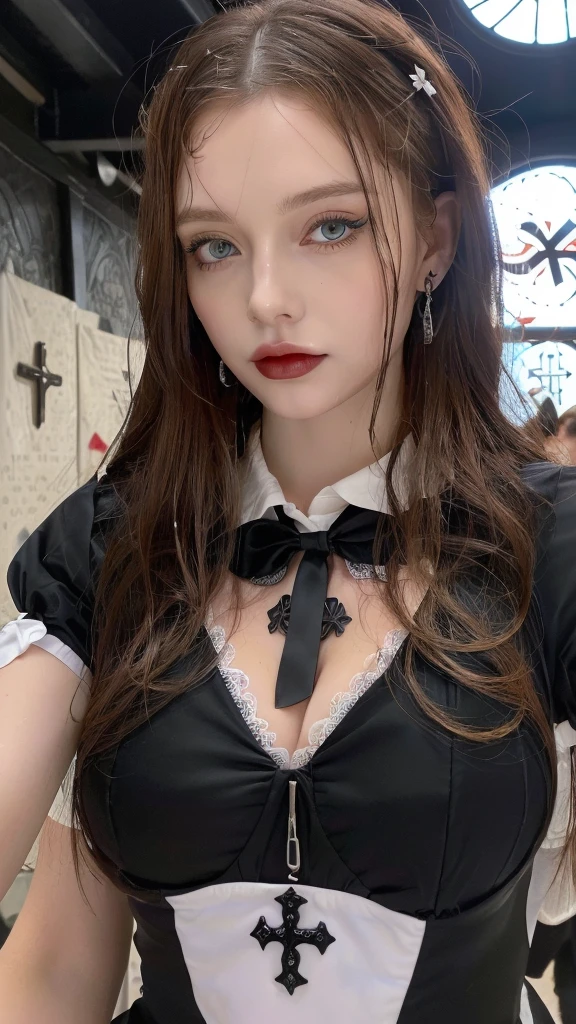 1 miniature Beautiful beautiful woman - Yuan Sayuki, ((top quality, 8K, Masterpiece:1.retty woman, 1 woman, huge breasts:1.3, a slim body:1.1, lush GINGER long hair with 2 buns, (shower, wet body, wet clothes:1.1), very detailed face, detailed lips, detailed eyes, double eyelids, Detailed blue eyes, чрезвычайно Detailed Outstanding Blue Eyes, long GINGER wet hair, GINGER wet hair, Detailed Outstanding Blue Eyes, innocent look at the viewer, very wet wavy RED hair, Detailed Outstanding Blue Eyes, huge cross earrings, Outdoors, badges behind, gothic maid uniform, sexy maid dress, bare chest, huge chest tattoo, detailed huge catholic cross earrings, chest tattoo, Outside, wear a silver cross (Detailed cross shape), reality mode, wet breasts, black necklace, human crowd behind, black latex gloves, hair of white RED colour, night time, red neon lights, demonic nun, nimbus (golden lighting ring above her head), angel, snowy weather, sexy pose, white lingerie, black maid dress, detailed flower wreath made of different colours, open chest, inside a church