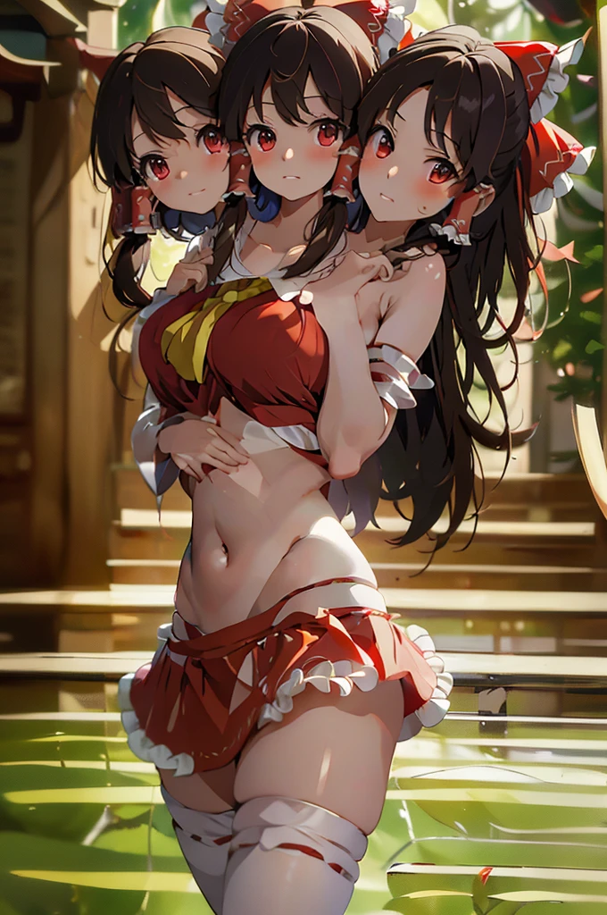 (masterpiece, best quality), best quality, (ultra-detailed), (3heads:1.5), 1girl, (hakurei reimu:1.3), masterpiece, best quality, ultra quality, ultra resolution, ultra detail, red top, crop top, ((stomach)), midriff, ((groin)), red skirt, normal ears, shackles, brown hair, very long hair, wavy hair, sidelocks, brown eyes, detailed eyes, parted lips, sweat, cute, toned belly, hand on own chest, eyelashes, (24 year old woman:1.3), (masterpiece:1.5), (best quality:1.5), (beautiful detailed), extremely detailed CG, extremely delicate and beautiful, depth of field, (finely detailed face), (perfect details:1.2), (mature female:1.3), wide pelvis, slender, large veiny breast, 16k resolution, highres, high quality, high definition, extremely detailed, masterpiece, brown hair, long hair, alluring presence, braid, short skirt, close up, big tits, young, red bow, frilled bow, hair tubes,
