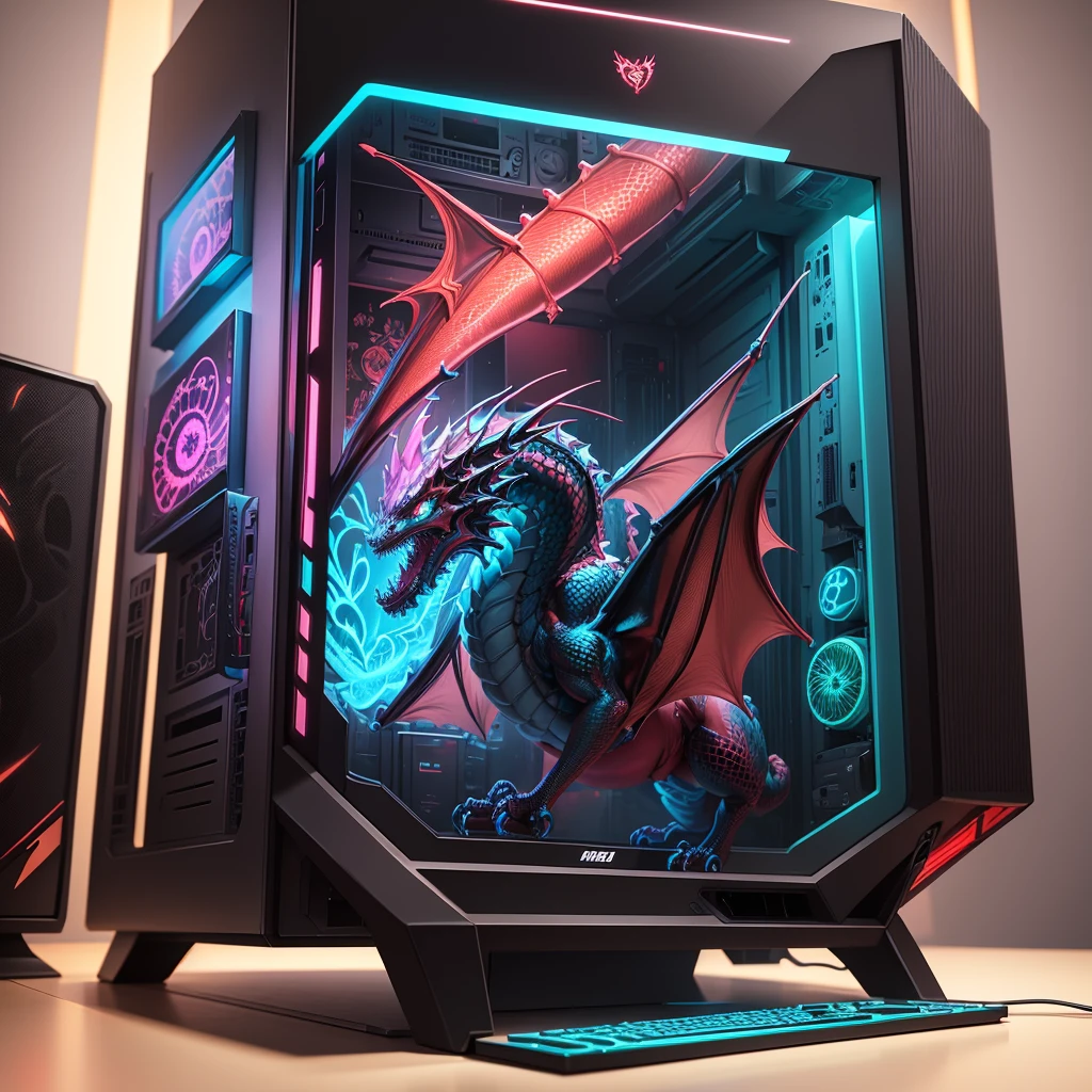highest quality、Masterpiece、Official Art、16K、The best composition、Full tower computer case、The computer case is transparent and has a glowing red neon dragon on it.、Even the computer case is in the shape of a dragon、msi