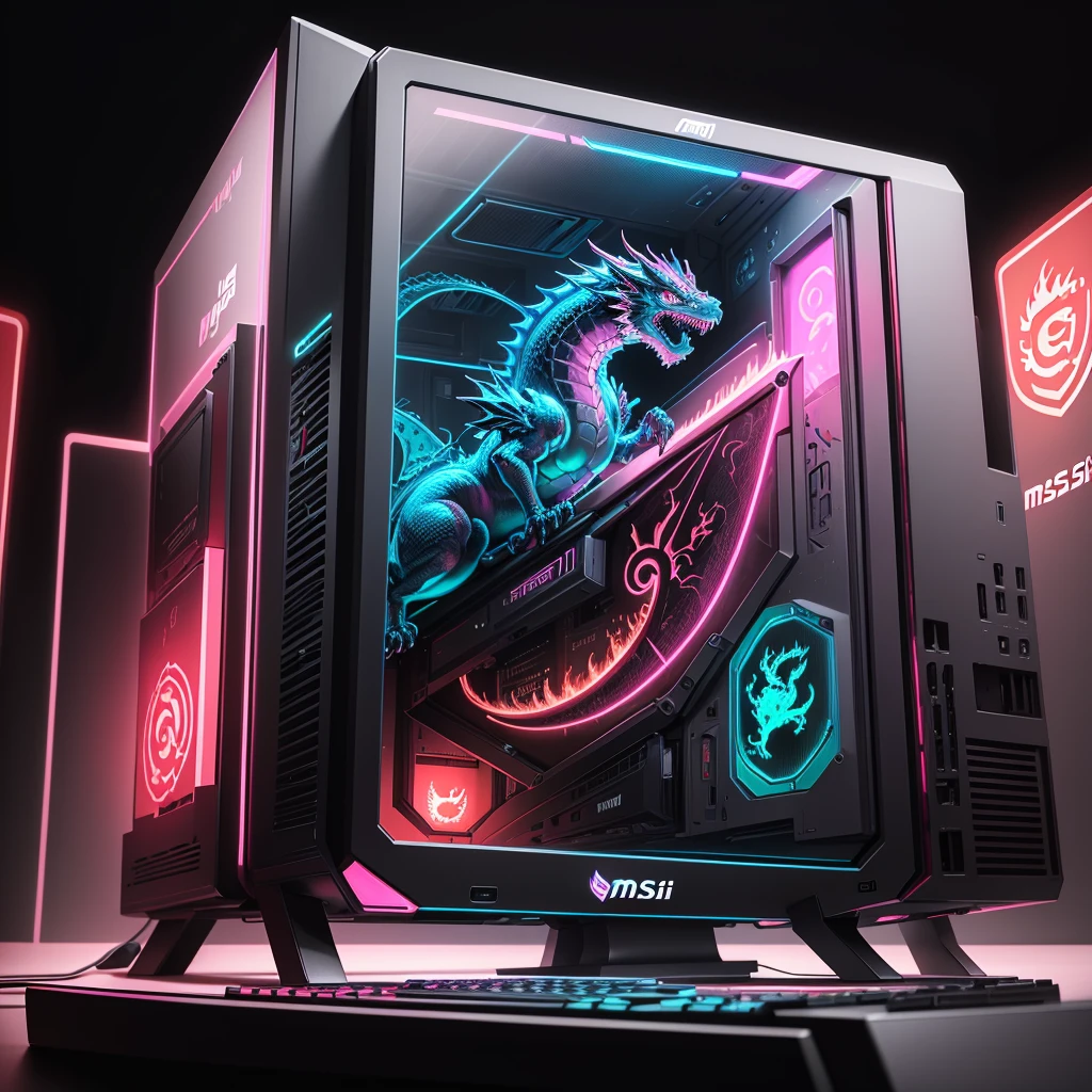 highest quality、Masterpiece、Official Art、16K、The best composition、Full tower computer case、The computer case is transparent and has a glowing red neon dragon on it.、Even the computer case is in the shape of a dragon、msi