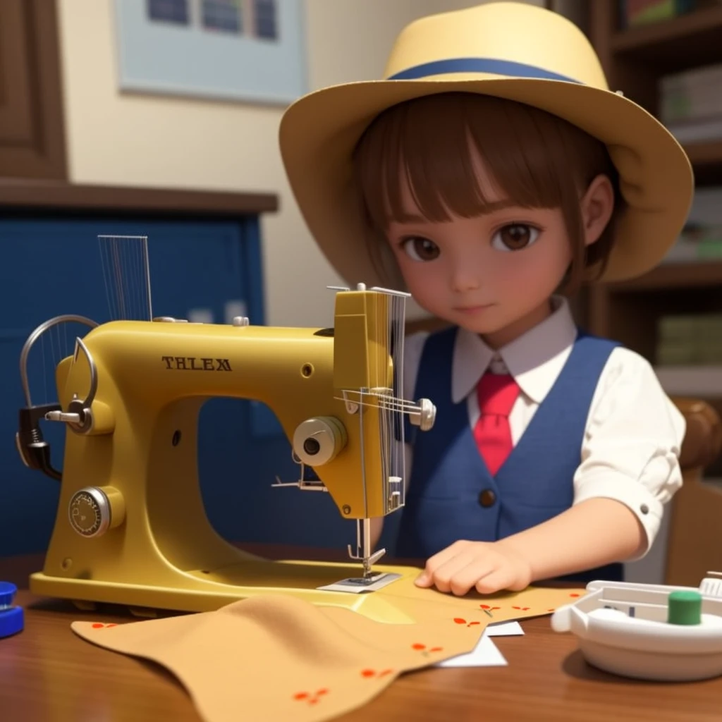 A  girl in a suit sews at a sewing machine，3D style