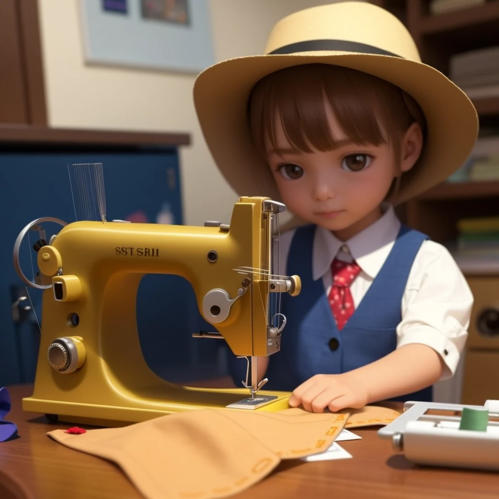 A in a suit sews at a sewing machine,3D style