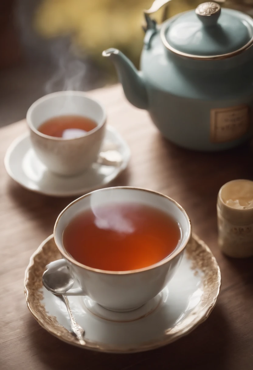Create an image of cup of tea next to the box with tea label calm down 