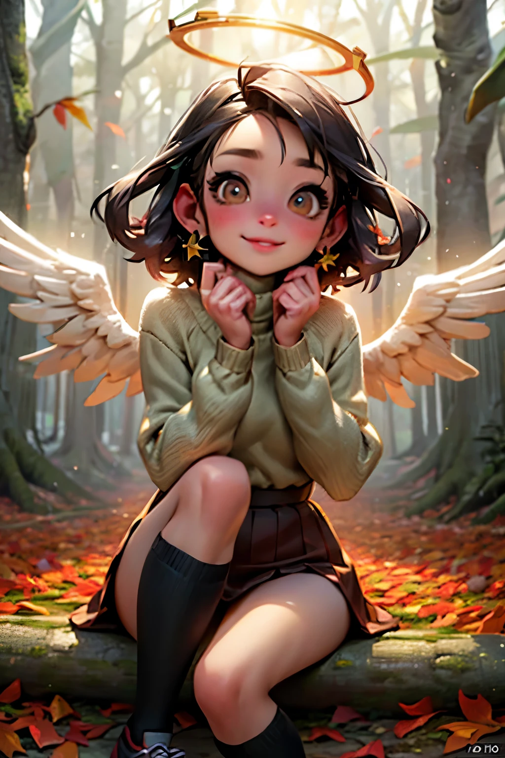 A forest covered with many fallen autumn leaves, a thin round-necked knit and a mini-wrapped skirt, knee socks, movement as if looking up to the sky, look at the photographer, 24K, high image quality, high definition, a beautiful face like an angel, Warm expression, happiness overflowing on the face, halo shining through the trees, warm color description, 18 year old girl, surprised expression