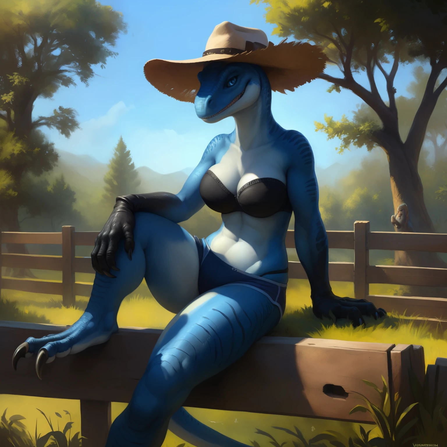 8k, fine details, (ultra detailed), a beautiful and detailed full size portrait of a female anthro dinosaur, velociraptor, (((blue body, black skin))), blue eyes, lizard eyes, tail, bedroom eyes, High Dynamic Range, cinematic shot, detailed eyes, big body goddess, kenket, Ross Tran,ruan jia, vip, trending on artstation,foxovh, cenematic lighting, big breaths, big breaths, big , big , (((blue strapless bra, blue shorts, visible panties, black gloves, hat))) full body, looking at viewer, ((sitting on fence, trees)), front view, standing, smile, farm field, fence, water road, outside, detailed background,