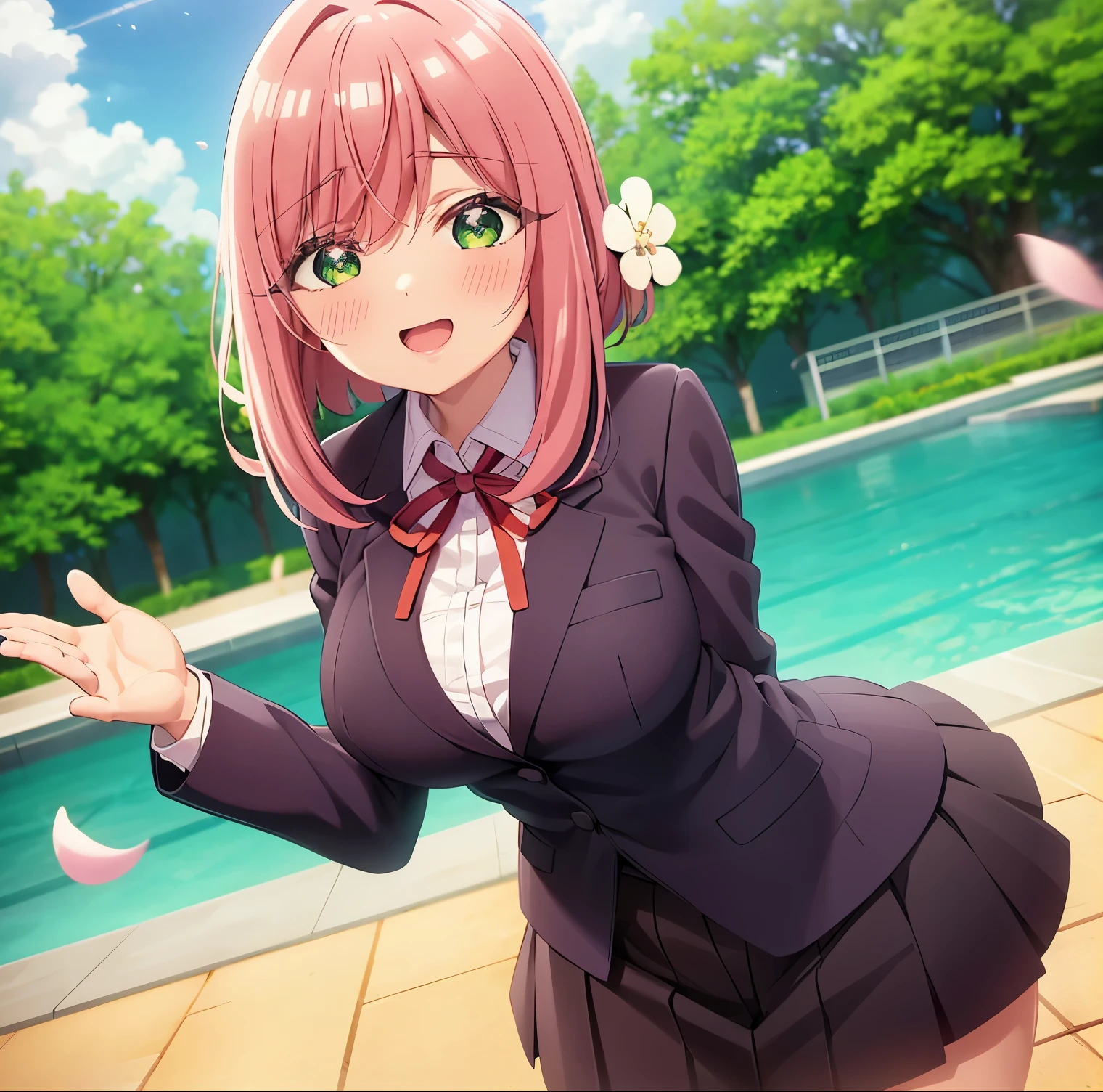 1girl, alone, hanazono hakari,masterpiece, best quality, 1girl,  Hikari, short hair, pink hair, green eyes, (hair flower:1.1), hair ornament, , white shirt, blazer, pleated skirt, black skirt, medium breasts, (cleavage:1.2),looking at viewer, cowboy shot,
smile, blush, nose blush, open mouth,standing, leaning forward,park, flower, blue sky, light rays, (falling leaves, falling petals), perfect hands, perfect anatomy 