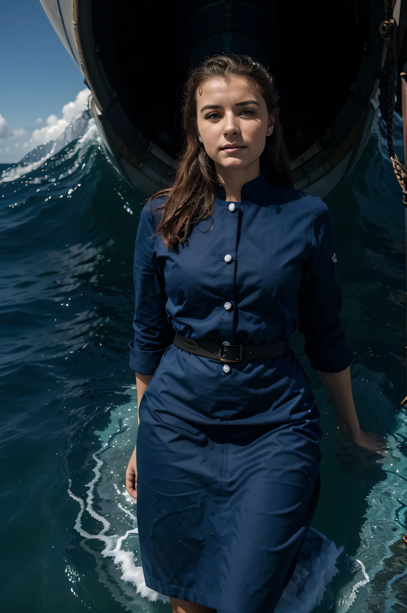 Générer une chef d'entreprise feminine dans le secteur du maritime les codes couleurs de l'entreprise sont vert et bleu, en arrière plan un porte-conteneurs naviguant en mer au large, sky with dark blue tone