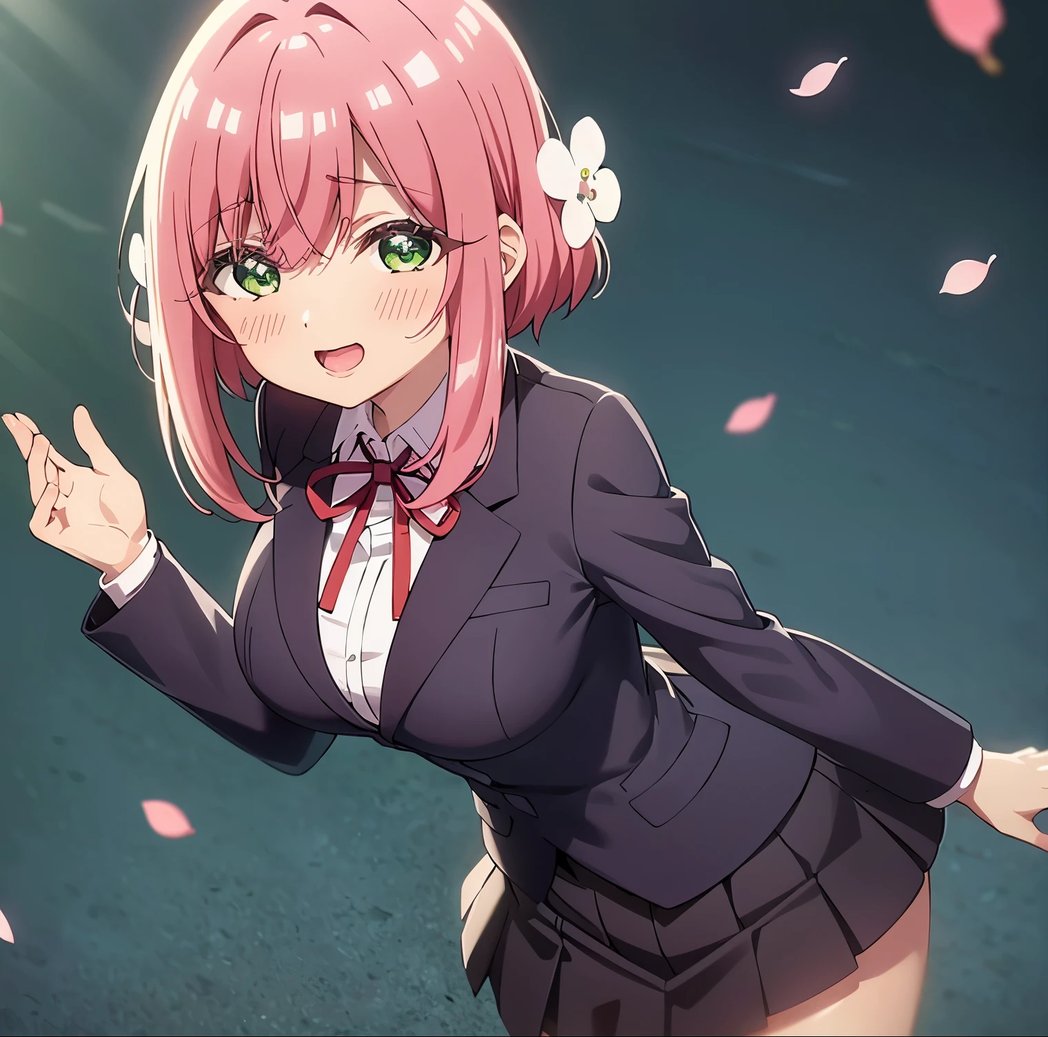 1girl, alone, hanazono hakari,masterpiece, best quality, 1girl,  Hikari, short hair, pink hair, green eyes, (hair flower:1.1), hair ornament, , white shirt, blazer, pleated skirt, black skirt, medium breasts, (cleavage:1.2),looking at viewer, cowboy shot,
smile, blush, nose blush, open mouth,standing, leaning forward,park, flower, blue sky, light rays, (falling leaves, falling petals), perfect hands, perfect anatomy 